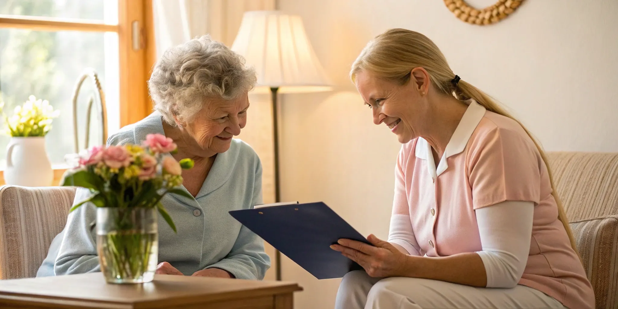 Care coordinator reviewing a personalized care plan with a senior woman in her home.