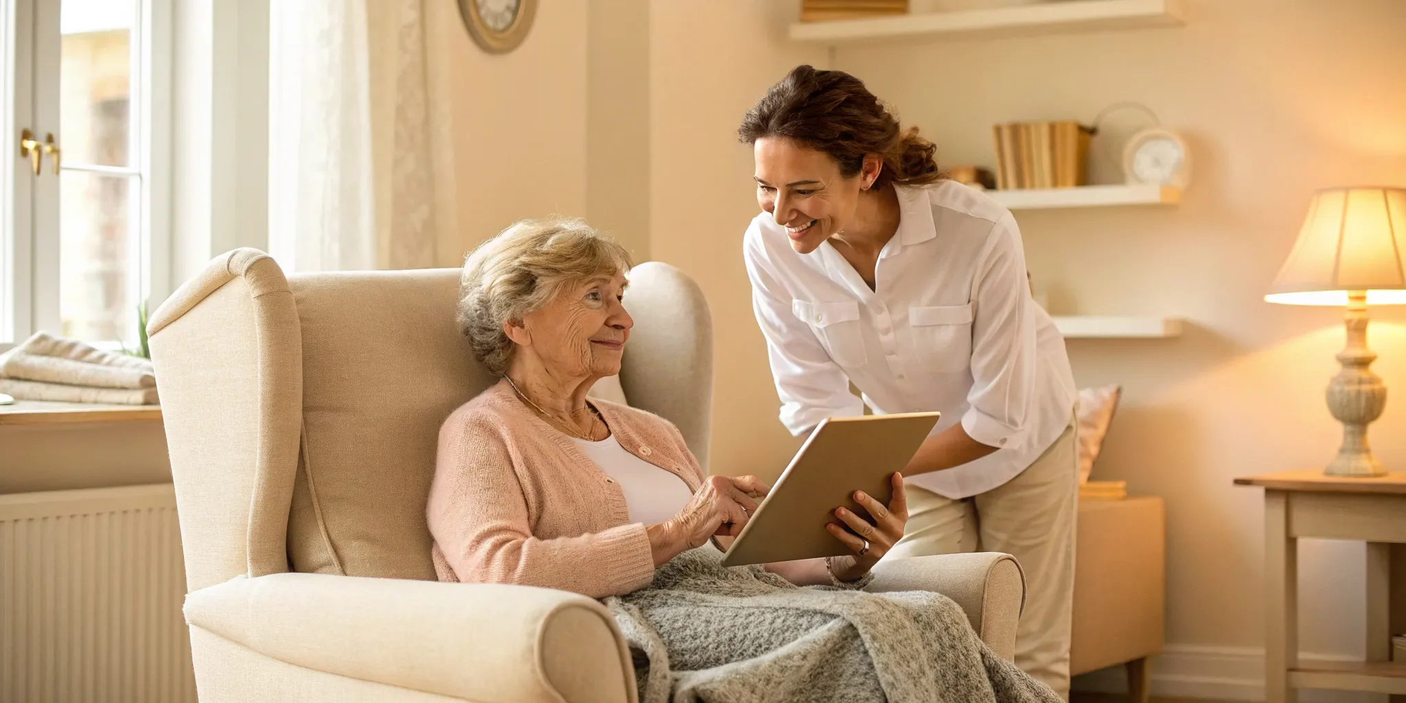 An elder care advocate assists a senior woman with a tablet to help coordinate her care.