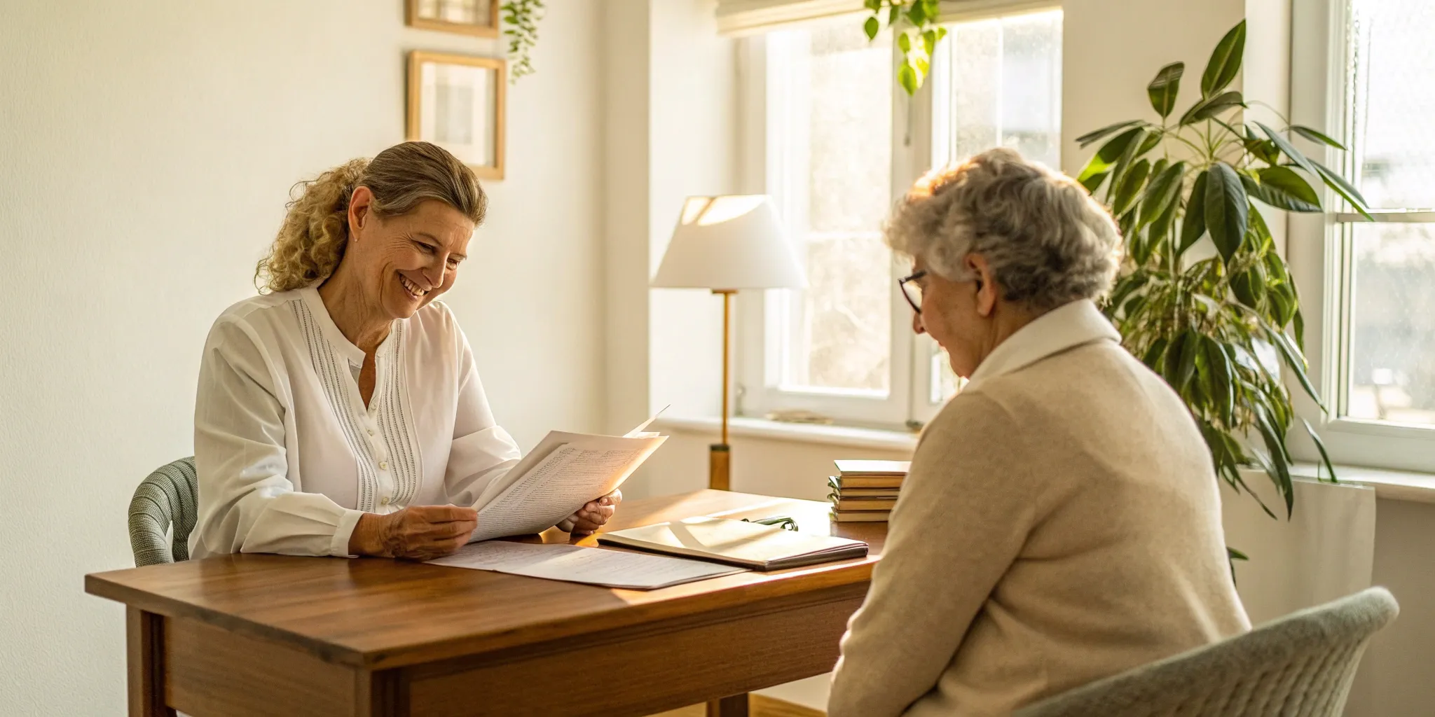 A Medicare advocate helps a senior review paperwork and discuss plan options.