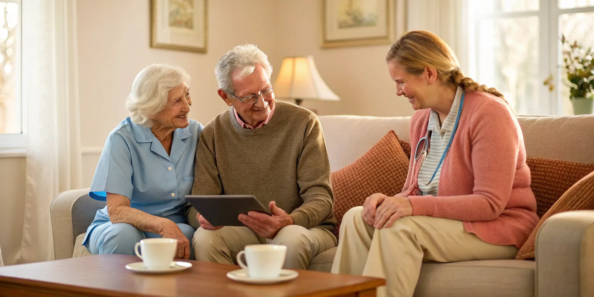 An elderly couple receives guidance from a caregiver about organizations that advocate for the elderly.