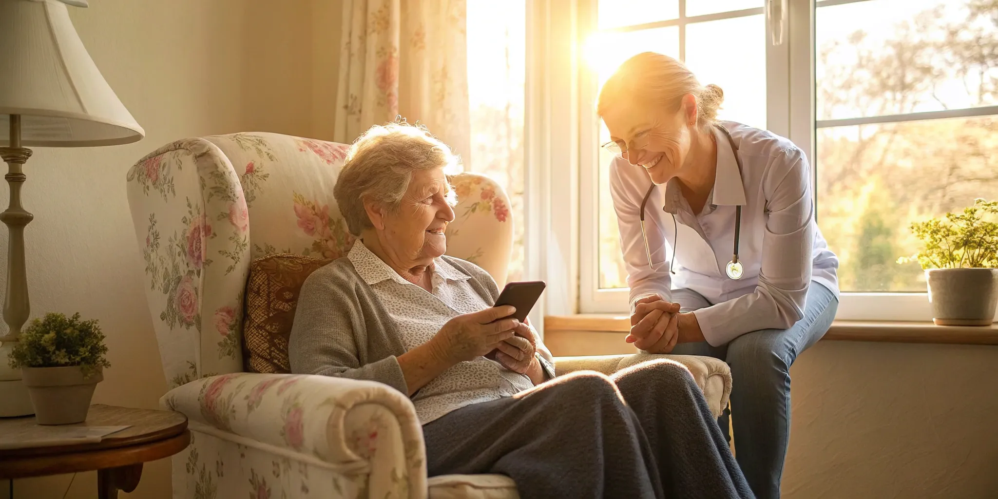 Senior woman smiling while a Medicare advocate helps her find information on a smartphone.