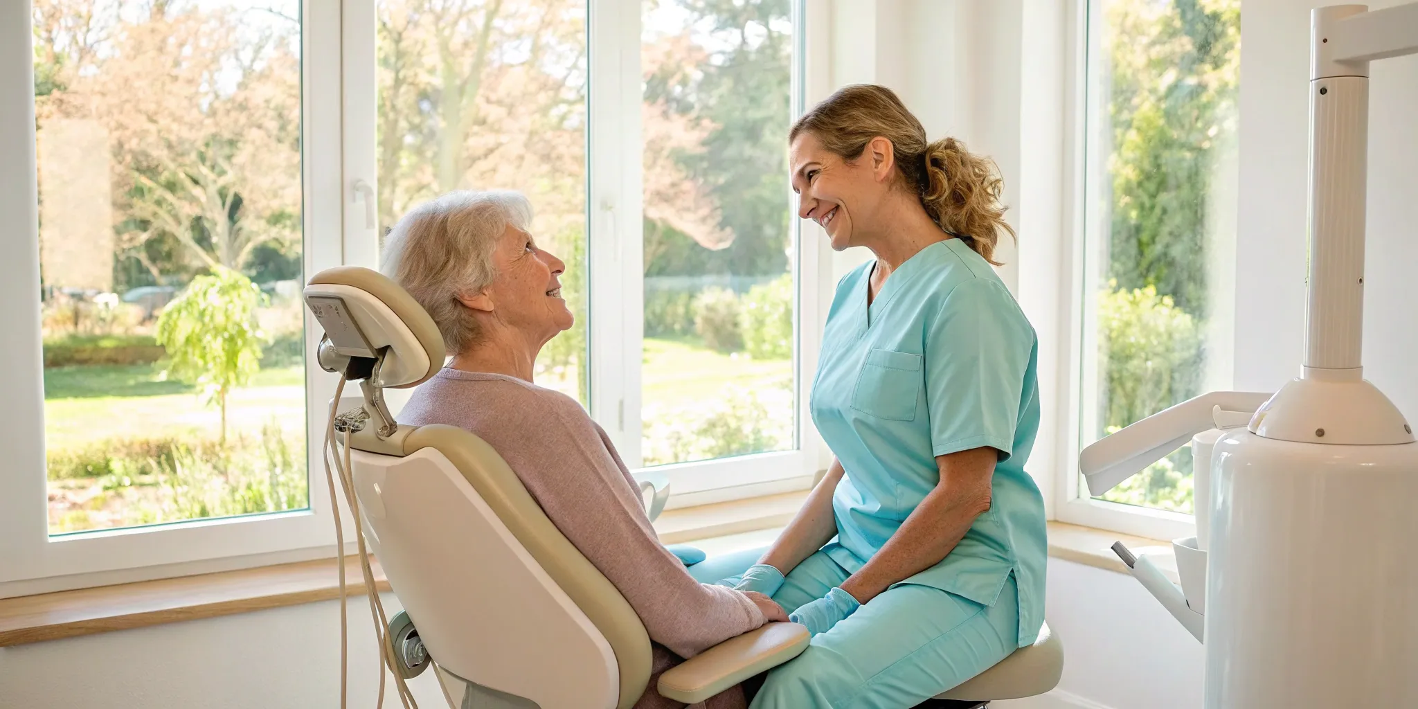 Senior woman smiling with her dentist while learning how to find Medicare dental care.