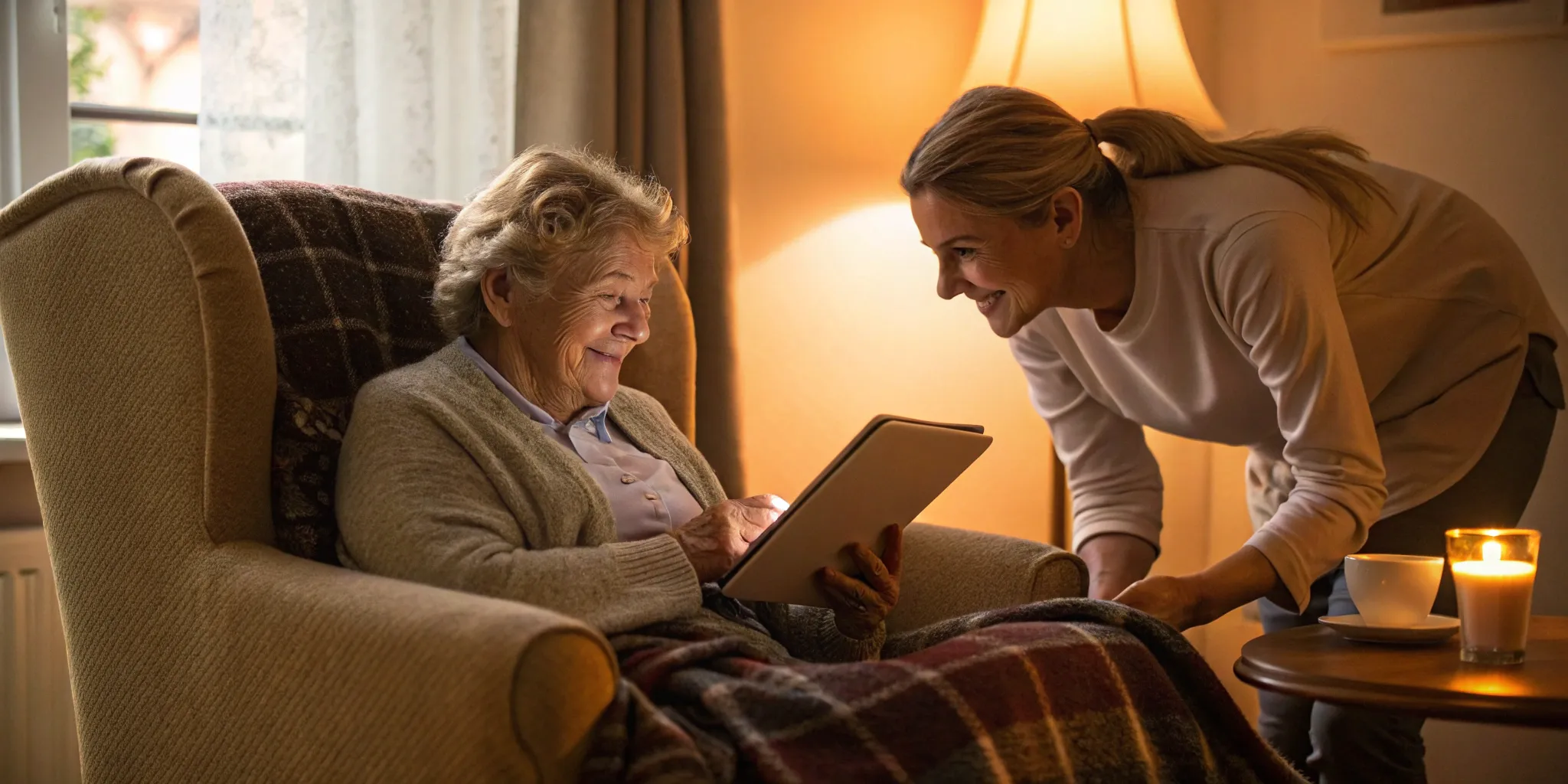 Caregiver helping a senior woman review her Medicare coverage options on a tablet.