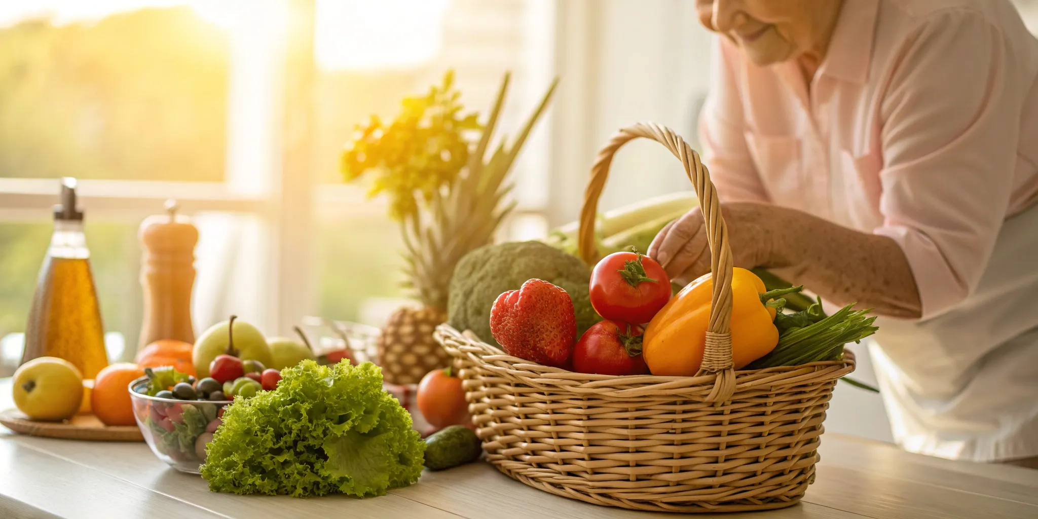 Senior woman using her Medicare grocery allowance to shop for fresh produce.