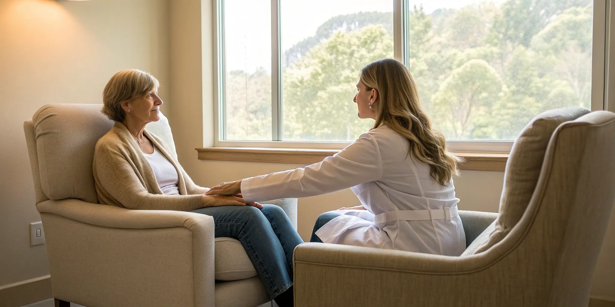 A patient navigator explains the pros and cons of treatment to an elderly patient.