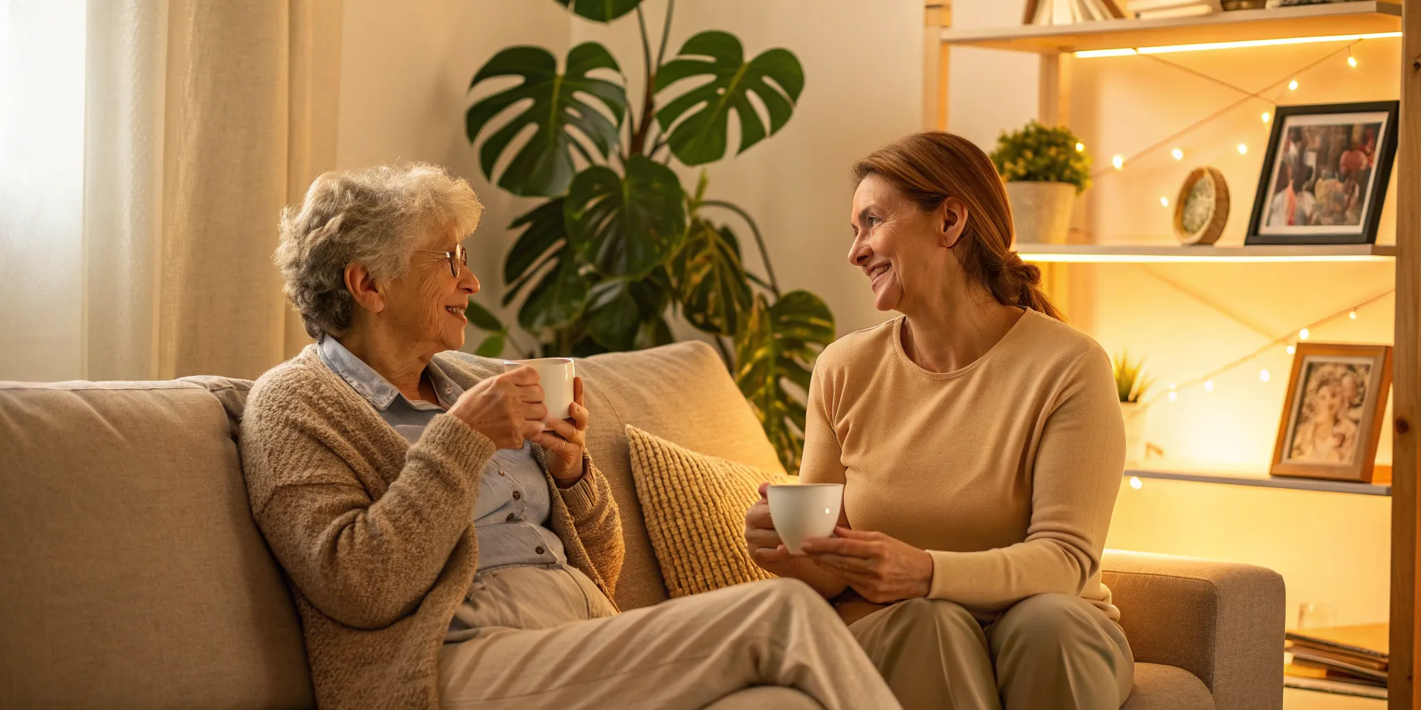 A caregiver and an elderly parent find support in a warm conversation at home.