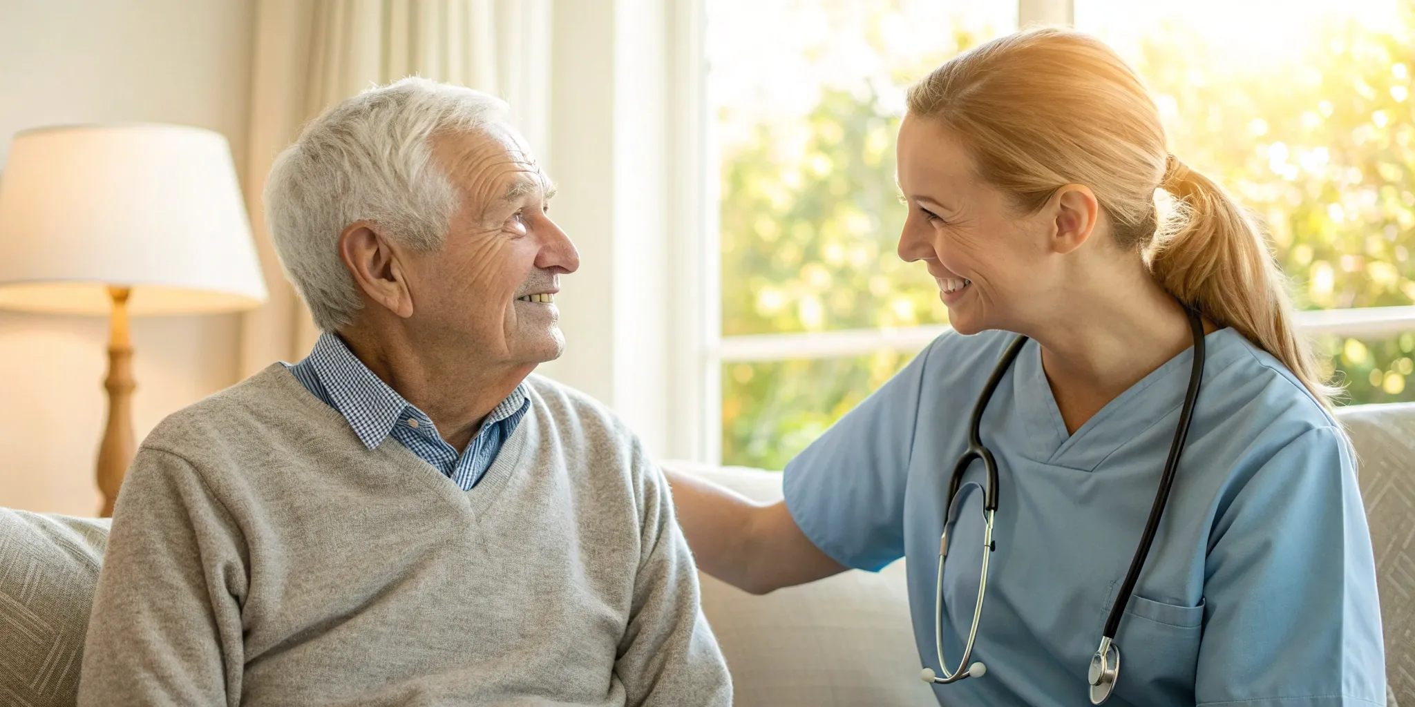 Nurse providing chronic illness care coordination services to a smiling senior man at home.
