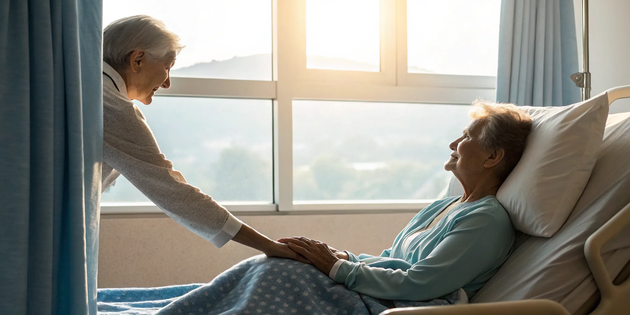 A cancer care navigator provides support and comfort to a patient in a hospital bed.