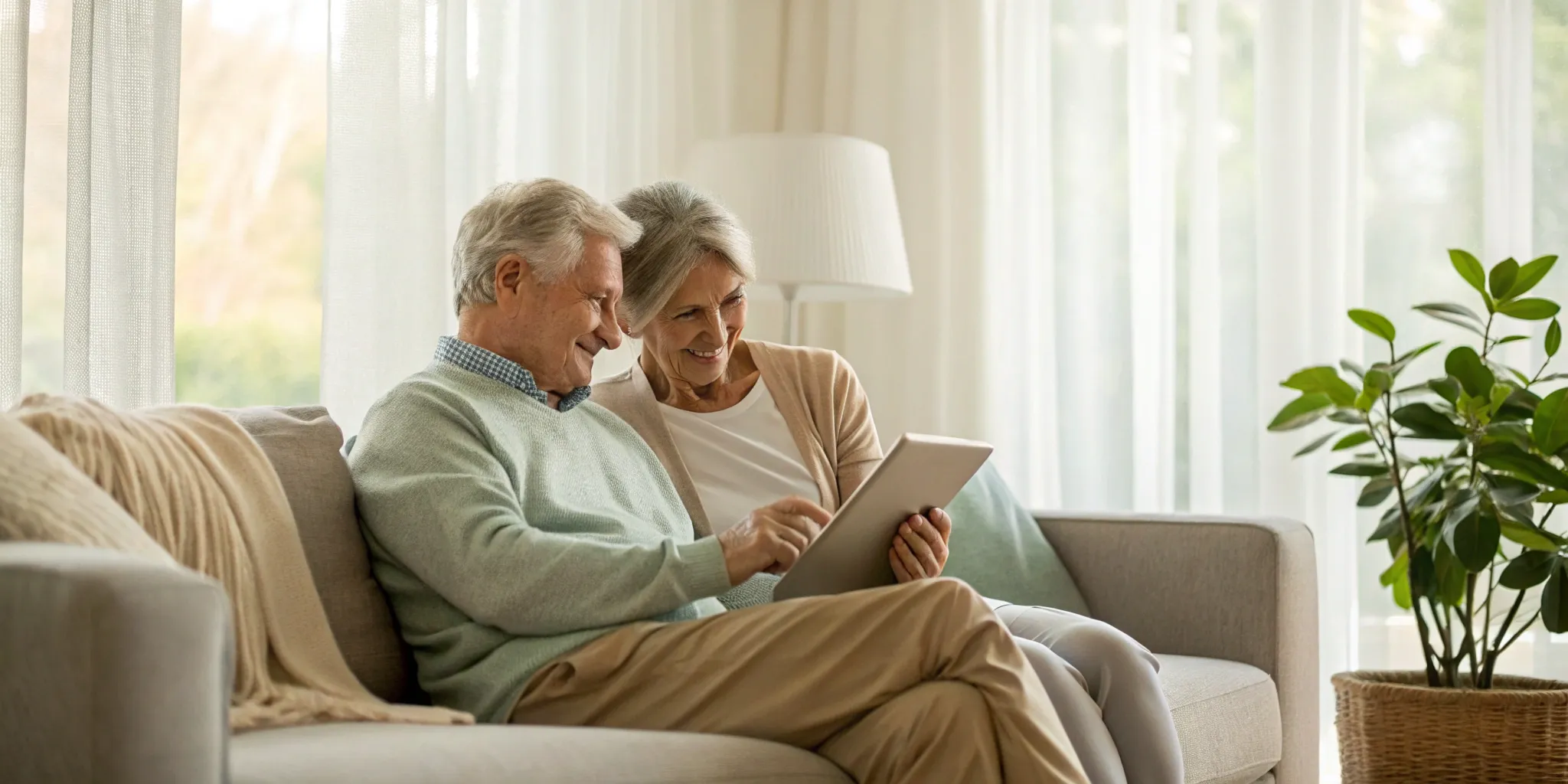 Senior couple learning about care coordination services for seniors on a tablet.