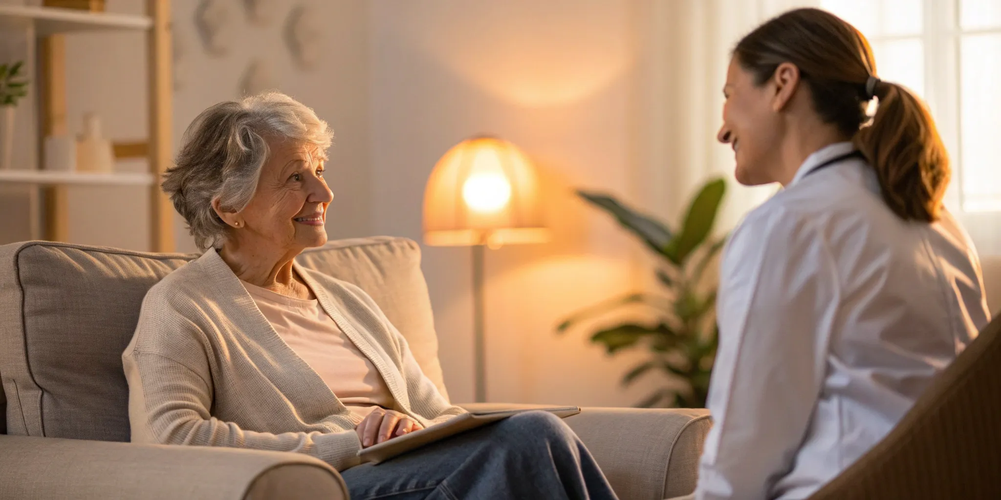 Elderly woman smiling while receiving guidance from a free advocate at home.