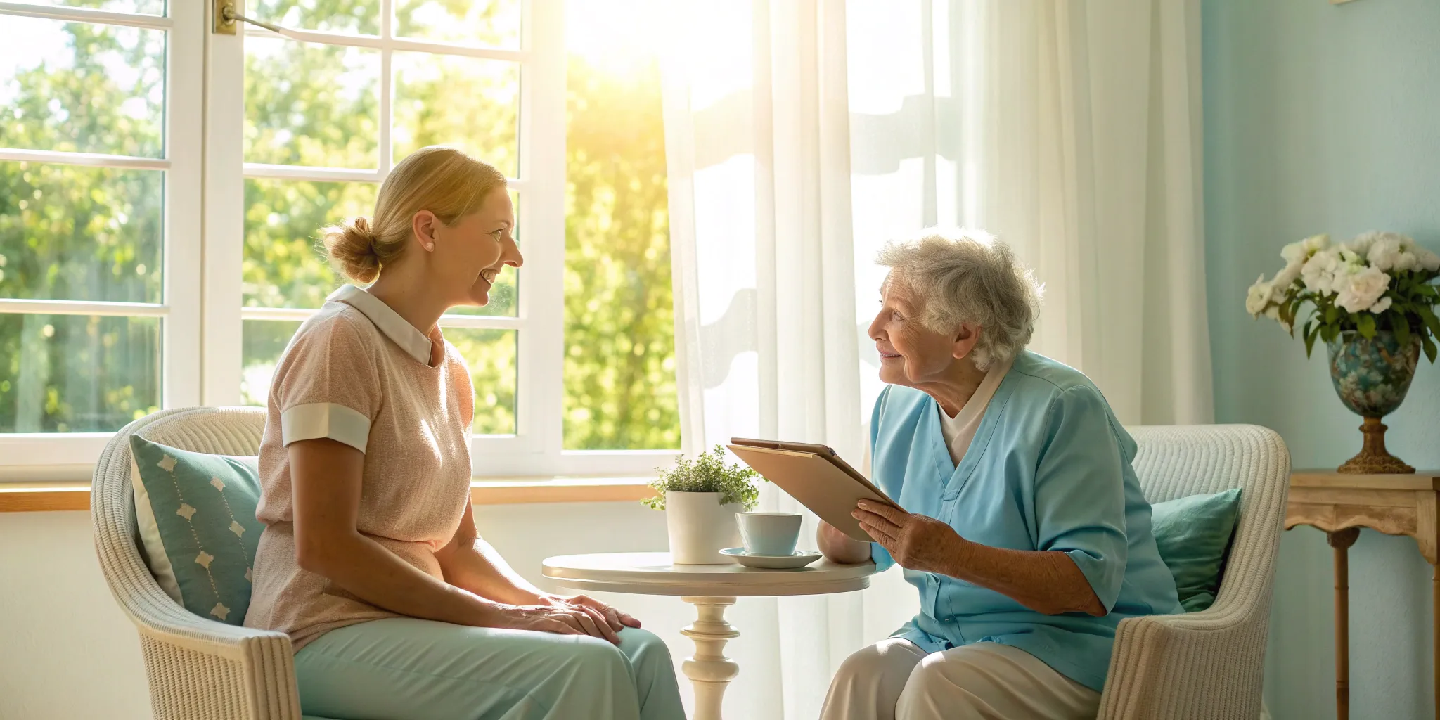 Patient and care coordinator reviewing a plan for chronic illness care services.