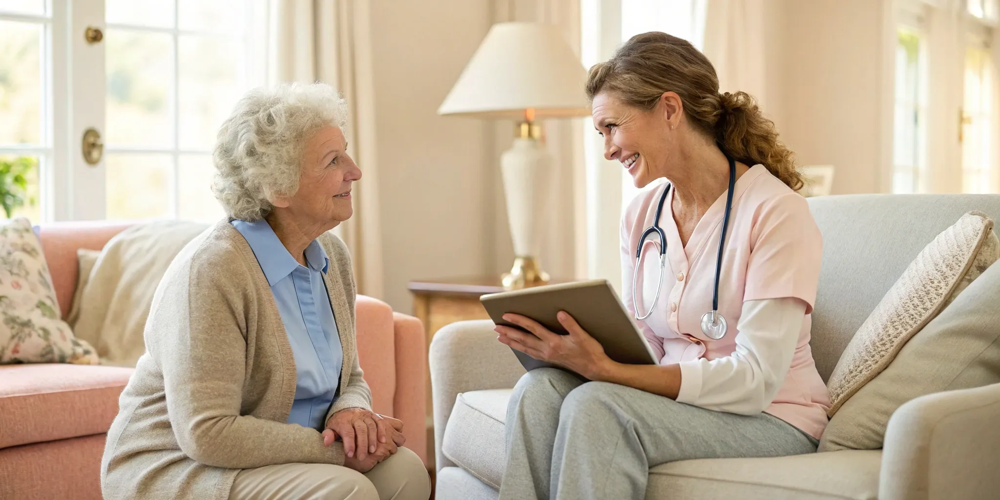 A nurse helps a woman find resources for managing her chronic illness at home.