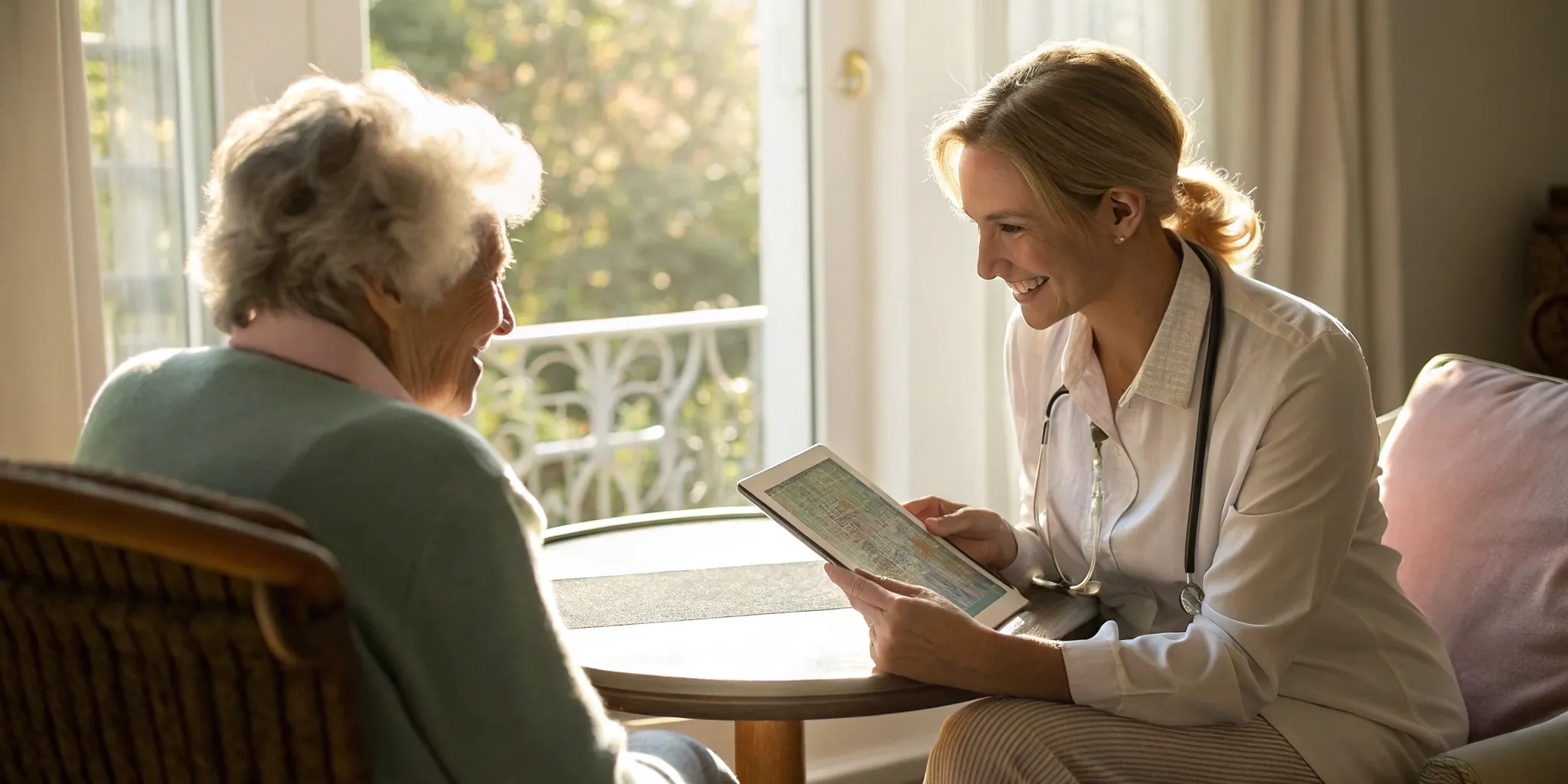 Friendly doctor discusses Medicare options with a senior patient.
