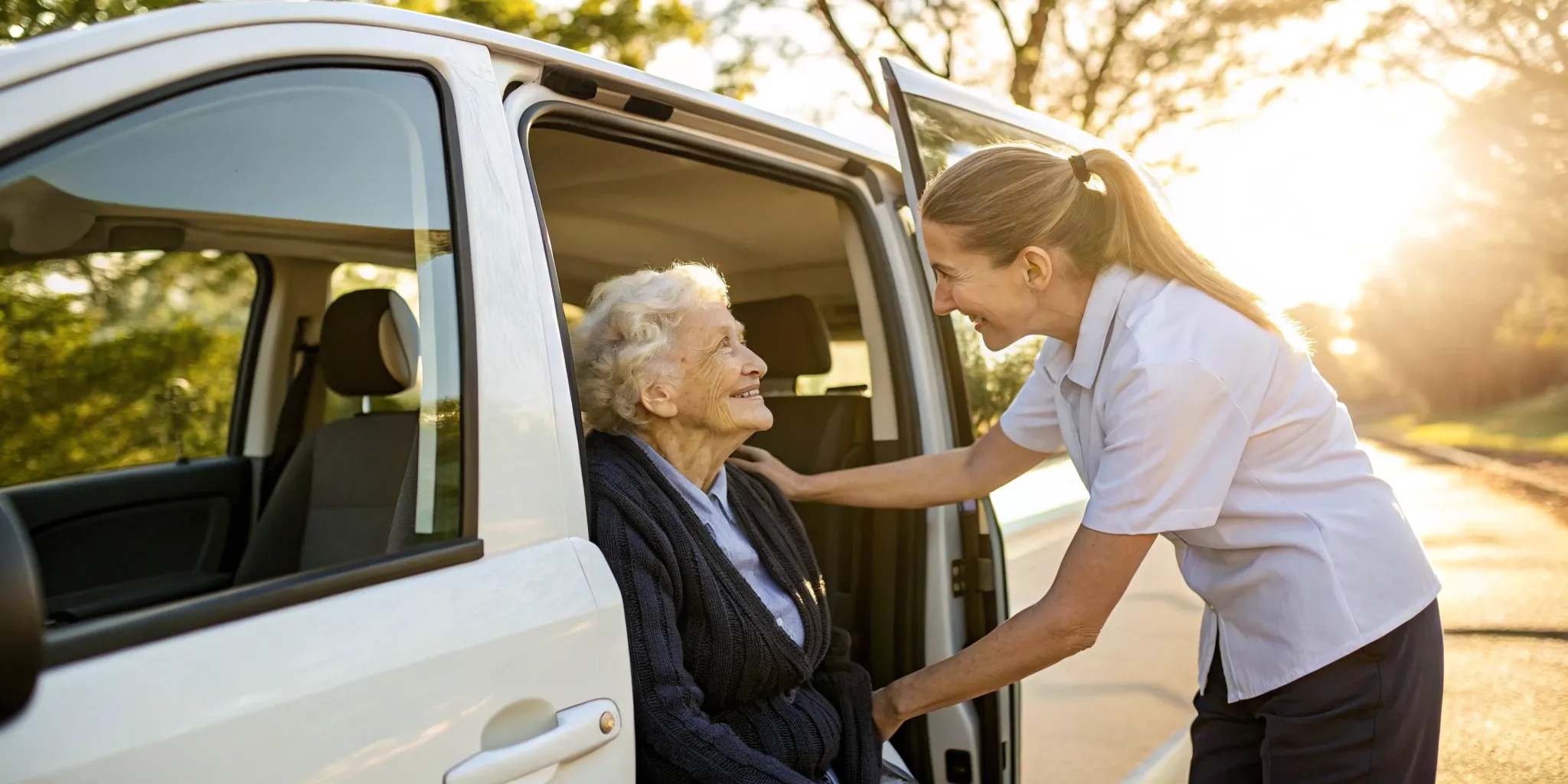 Caregiver assisting a senior woman into a vehicle for doctor transportation services.
