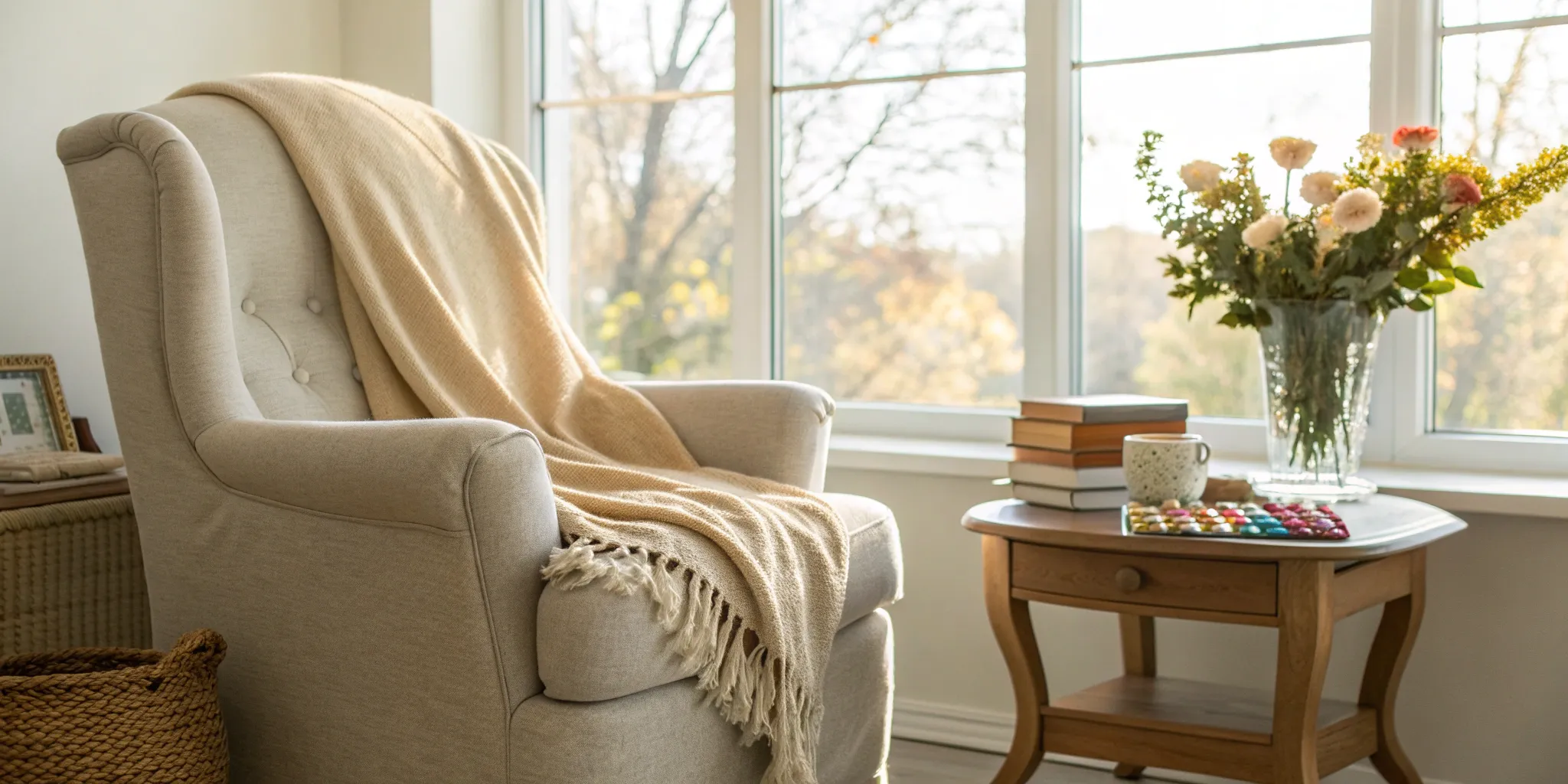 A cozy reading nook for self-care to help with managing a chronic illness.