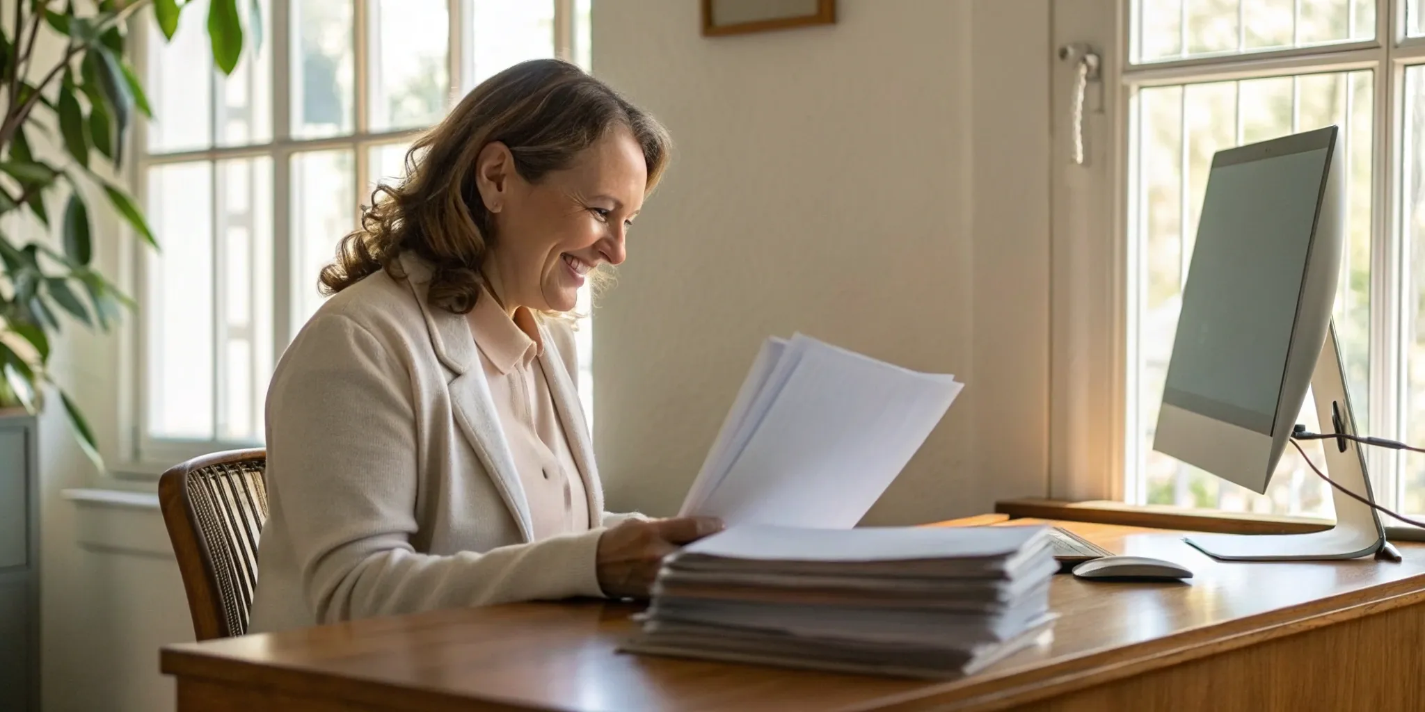 Patient advocate helping a woman review and organize complex insurance paperwork.