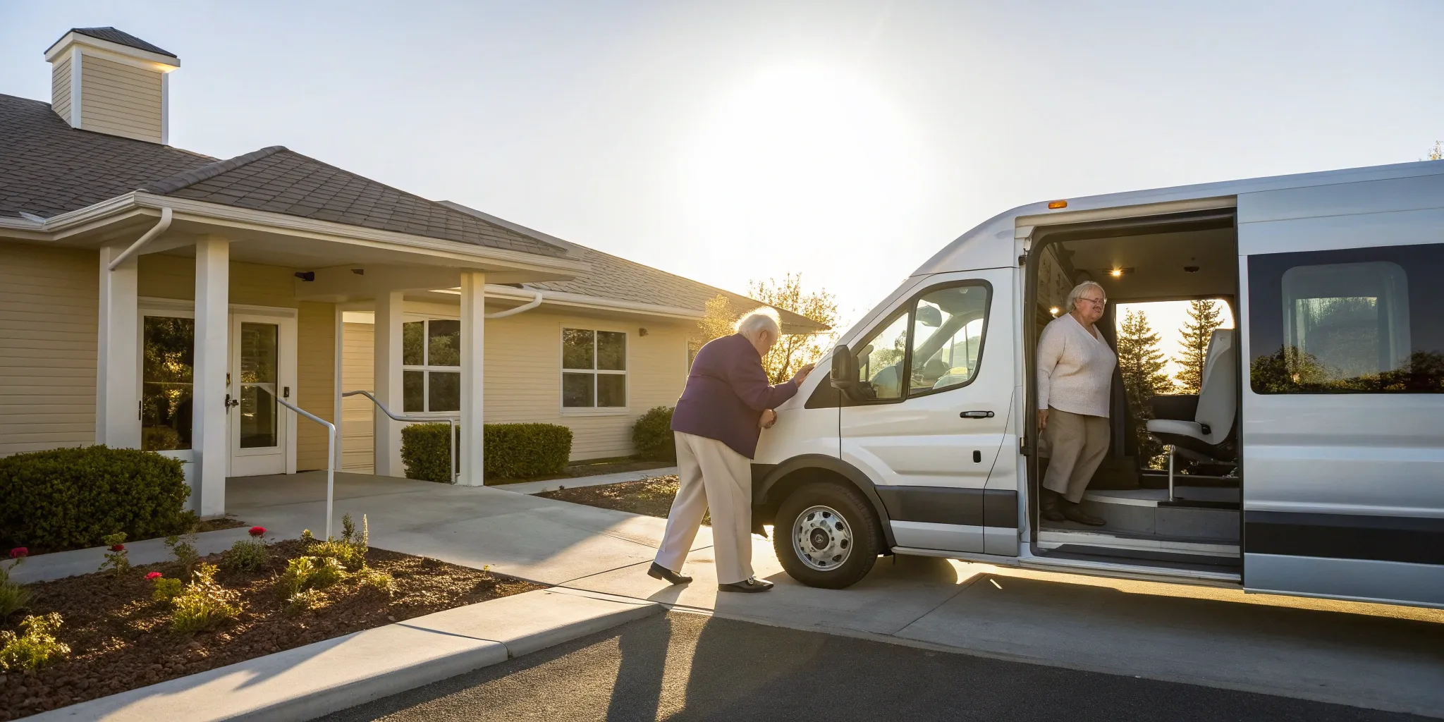 Seniors boarding a medical transportation van outside a healthcare facility.