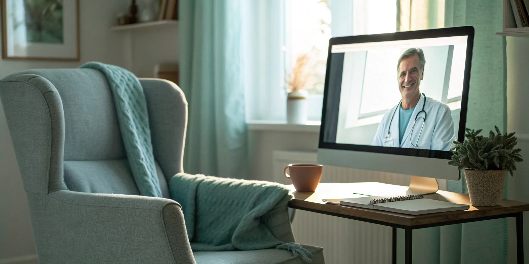 Senior on a Medicare telehealth call with a doctor from home.