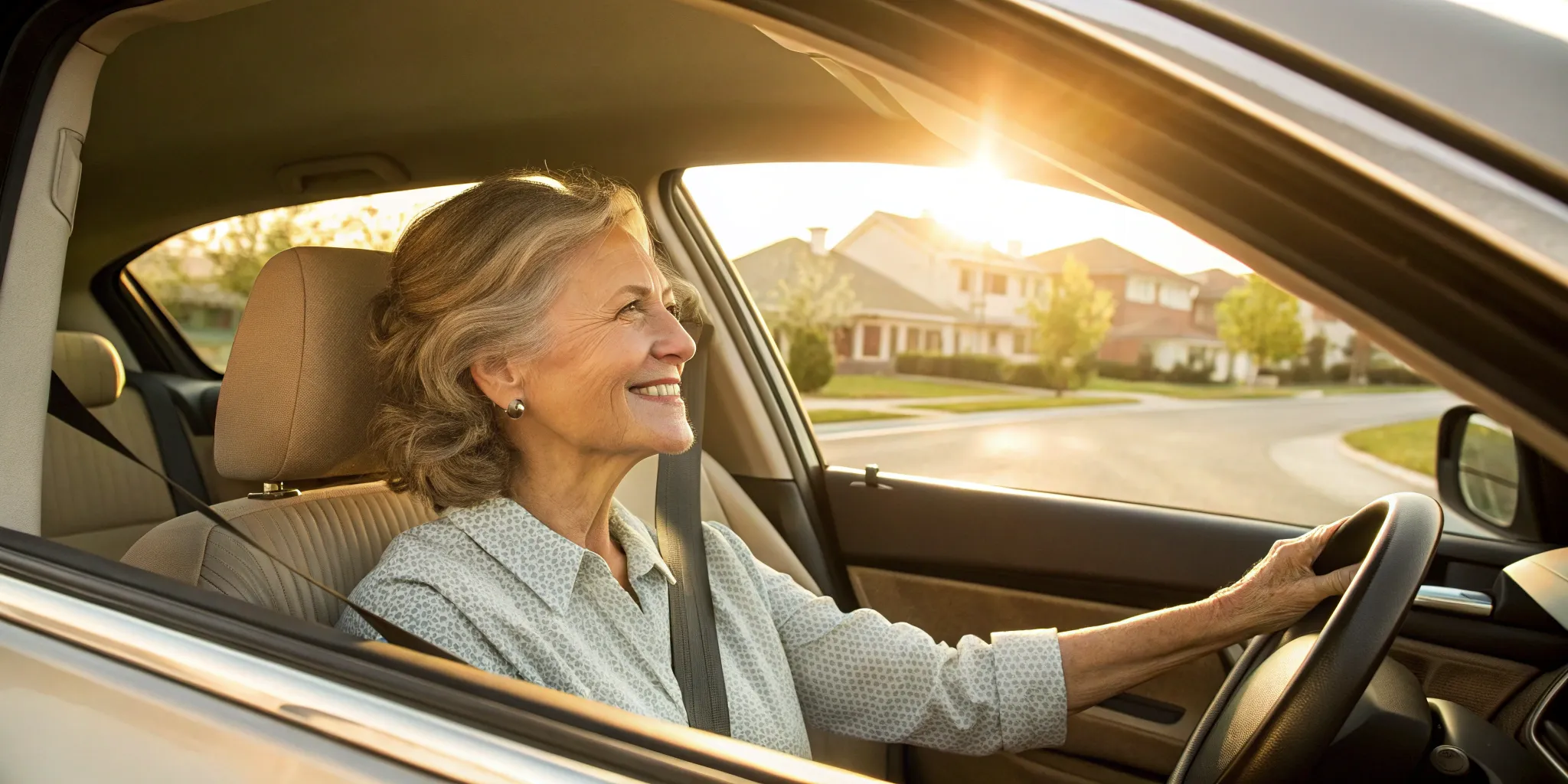 A smiling senior woman driving, a key benefit of senior transportation services.