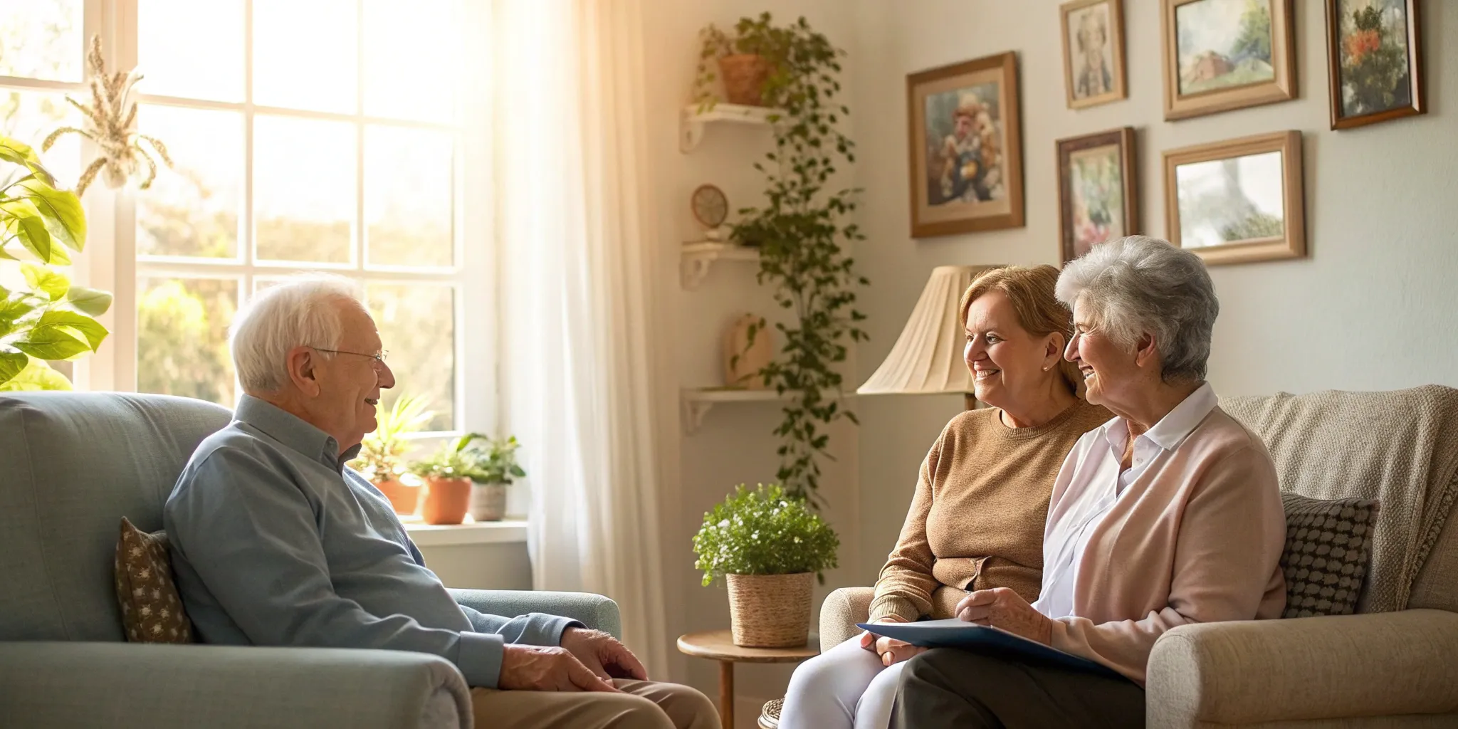 A patient advocate for elderly parents explains healthcare choices to a couple at home.