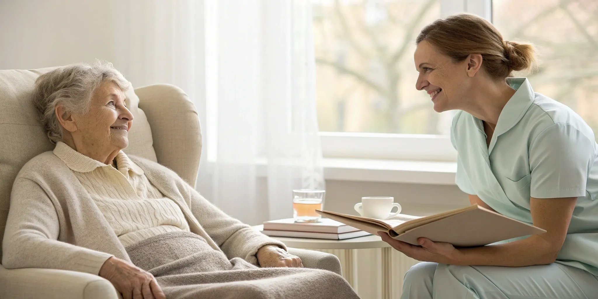 An adult child helping an elderly parent by navigating the complex healthcare system.