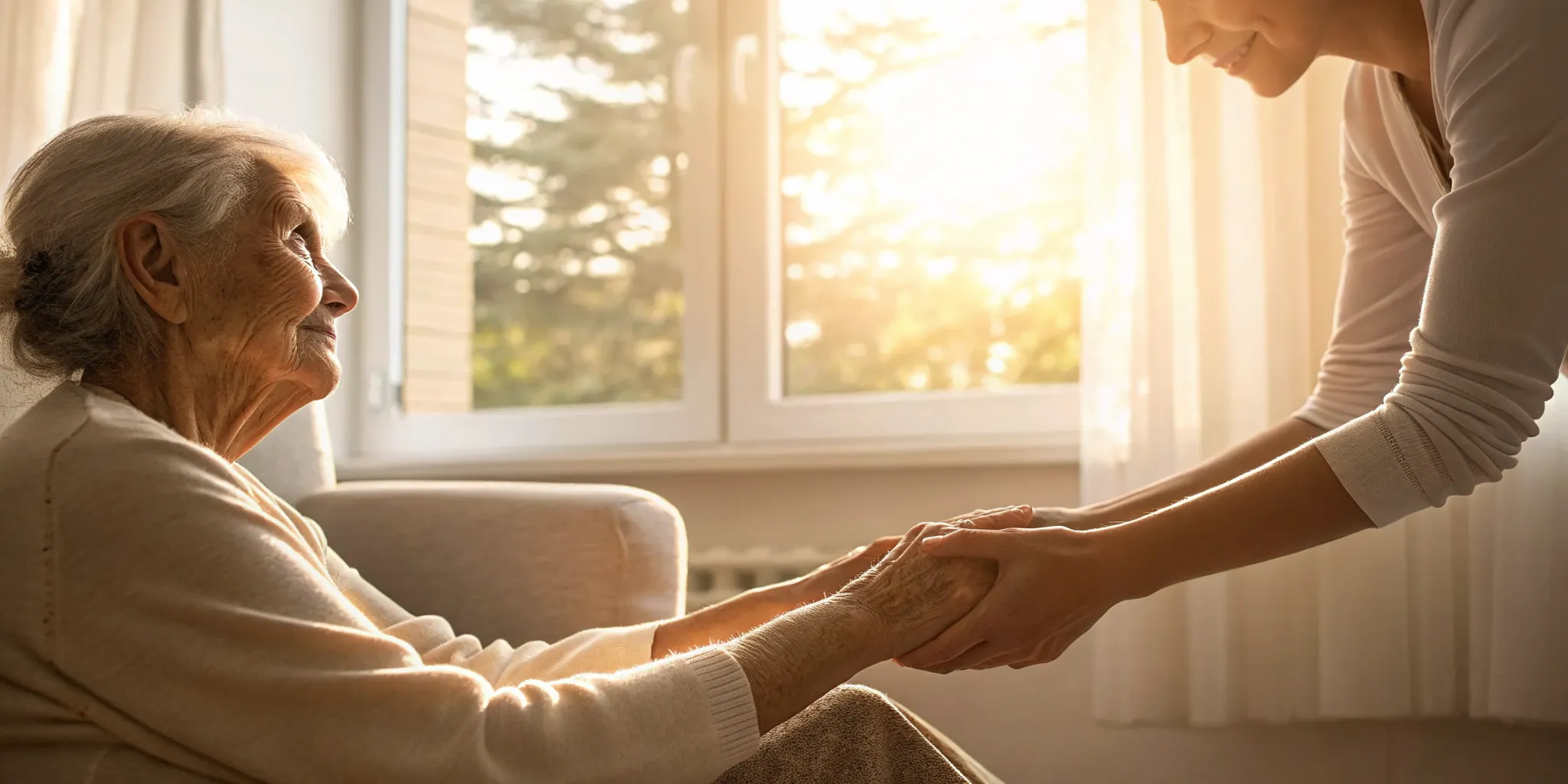 An elderly woman holds hands with her advocate, a result of checking elderly services reviews.
