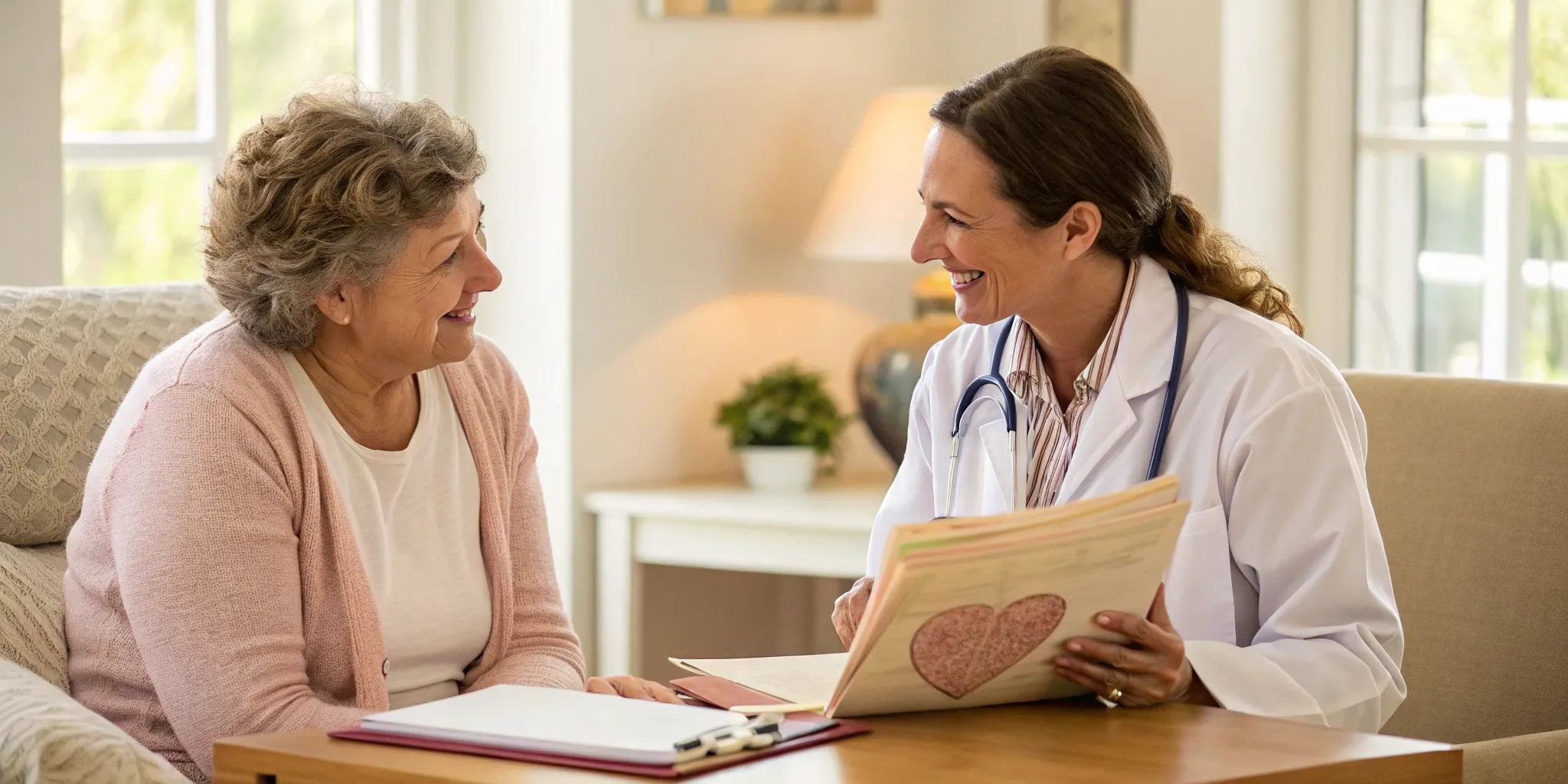 Senior woman and doctor discussing Medicare coverage for cardiac support.