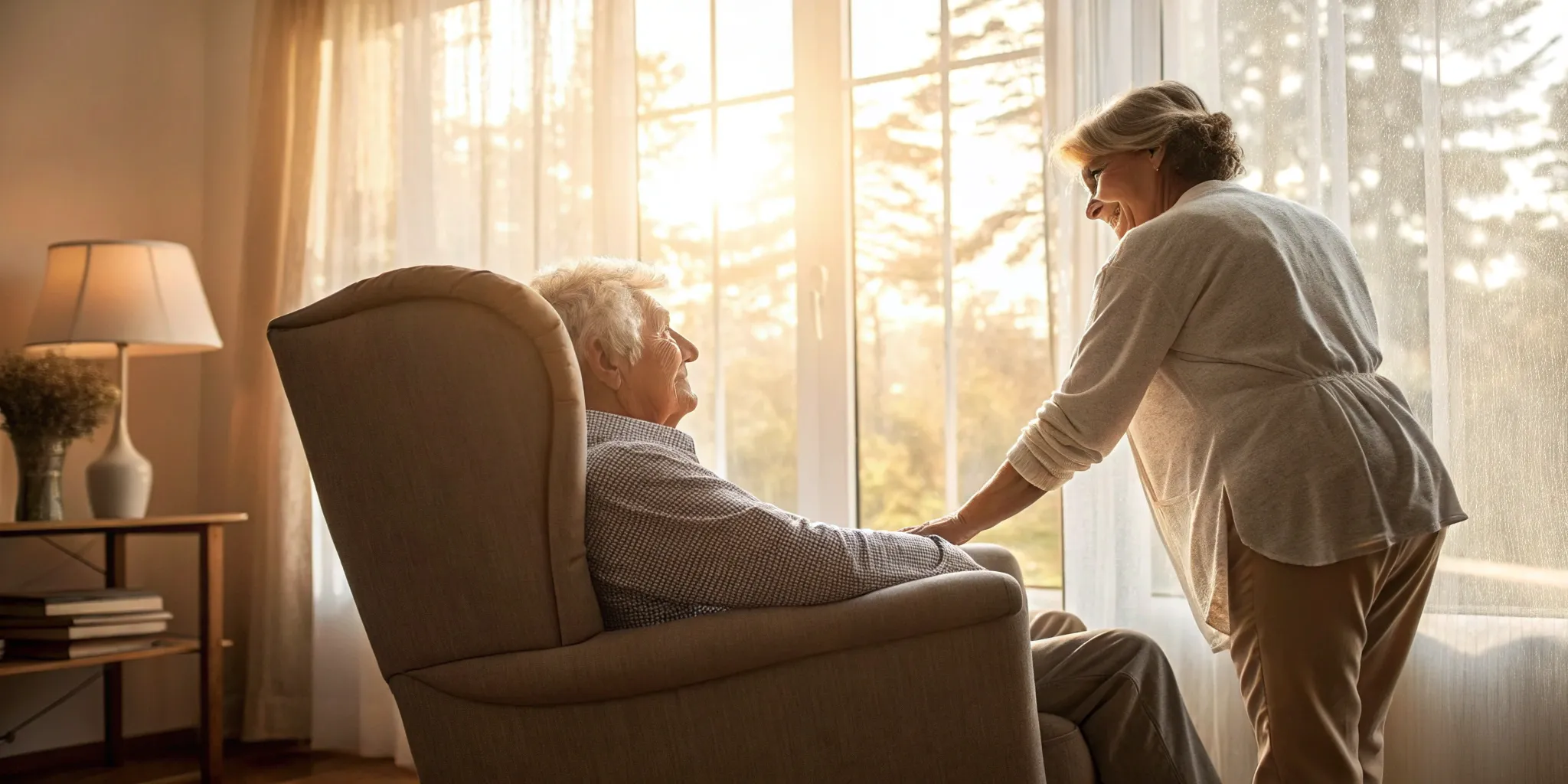 Senior man helps his wife manage chronic pain while reviewing their Medicare coverage.