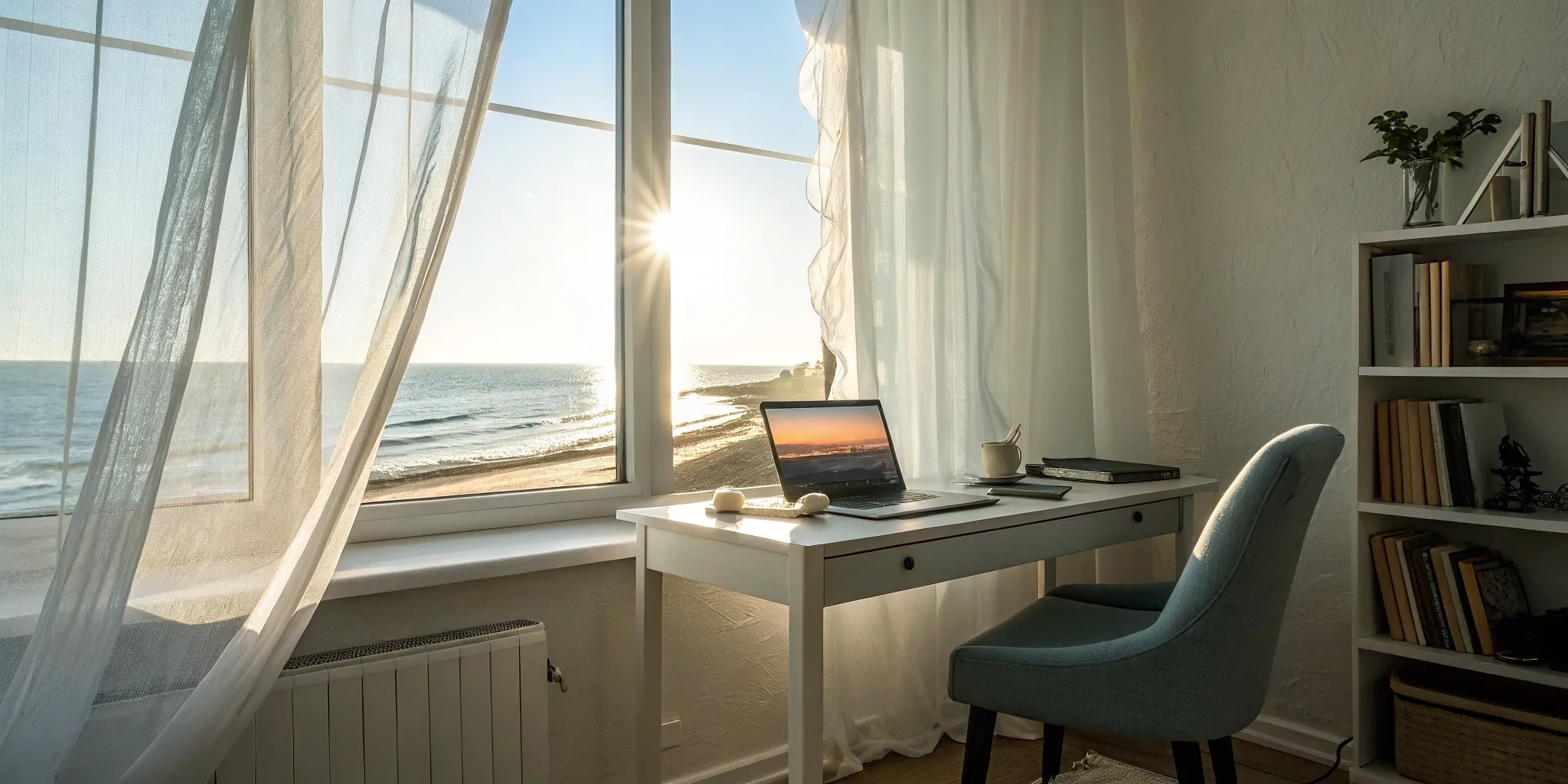 Laptop on a desk in a calm office with an ocean view, for researching Medicare Part B benefits.