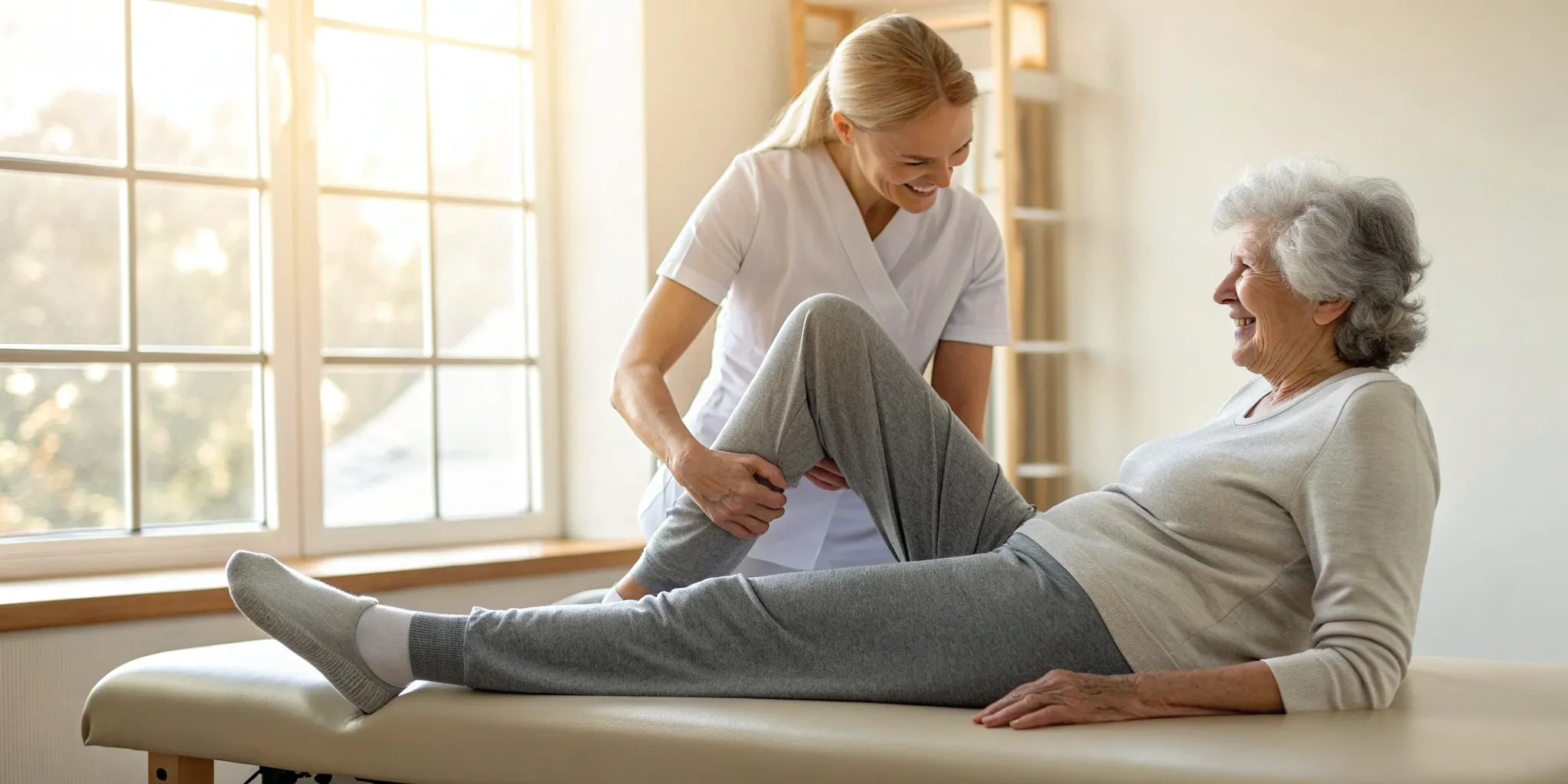 Senior woman at a Medicare physical therapy session with her therapist.