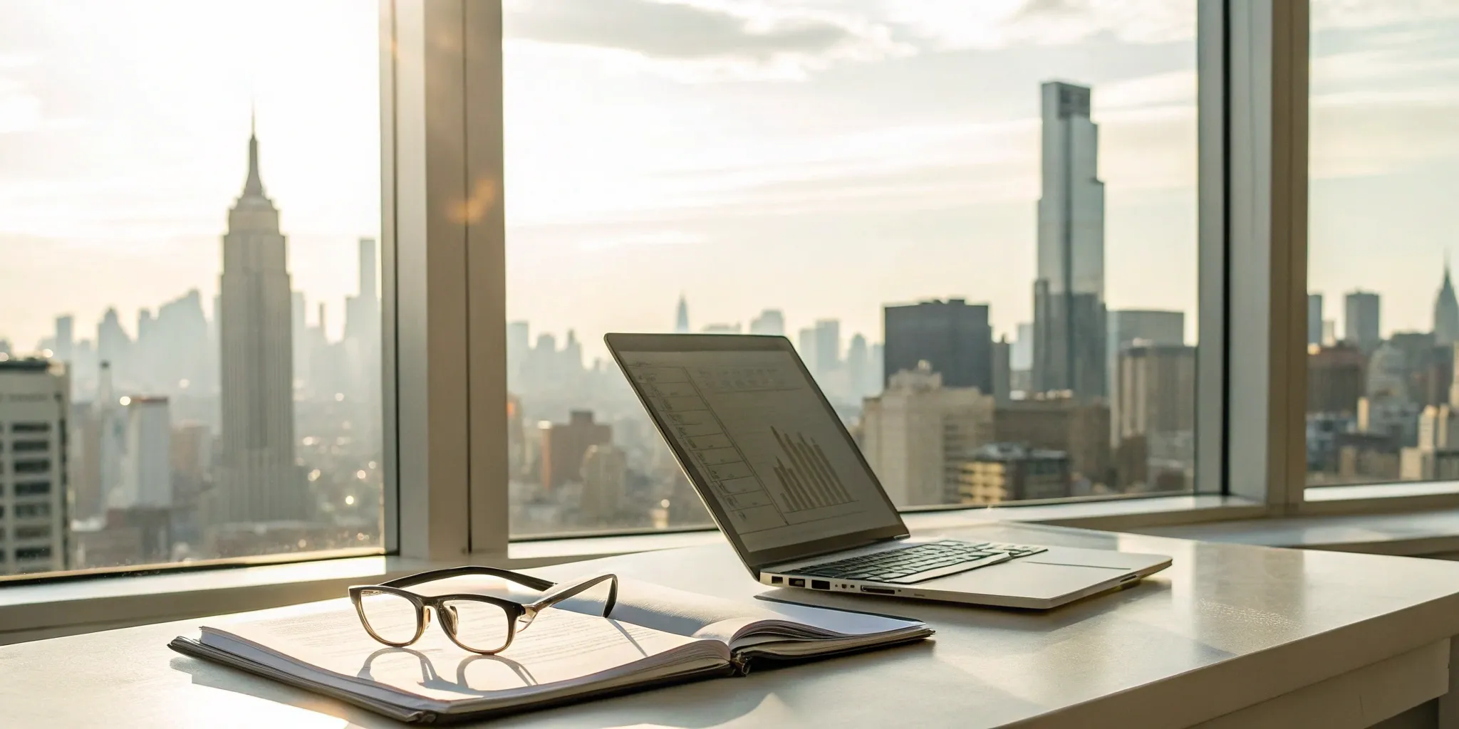 Researching New York Medicare options on a laptop with a view of the city skyline.