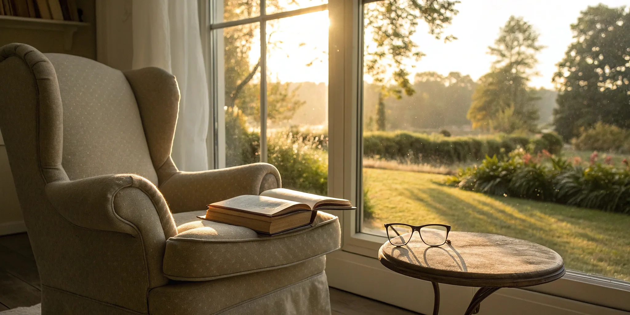 An open guide to Blue Cross Medicare plans with glasses resting beside a sunlit armchair.