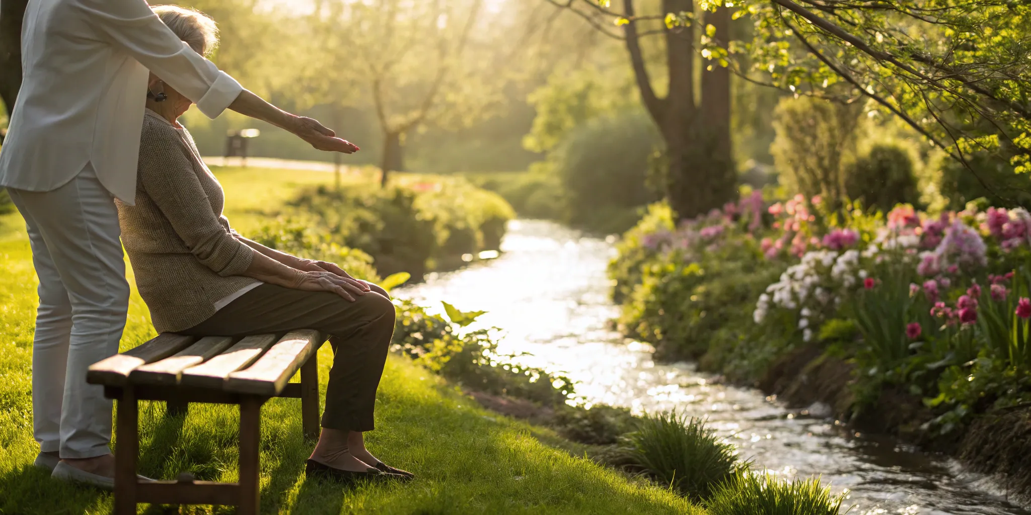 Senior and caregiver on a bench discussing compassionate Medicare hospice care benefits.