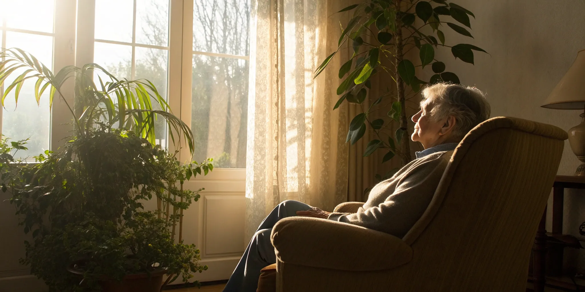Senior woman at home learning about Medicare coverage for portable oxygen concentrators.
