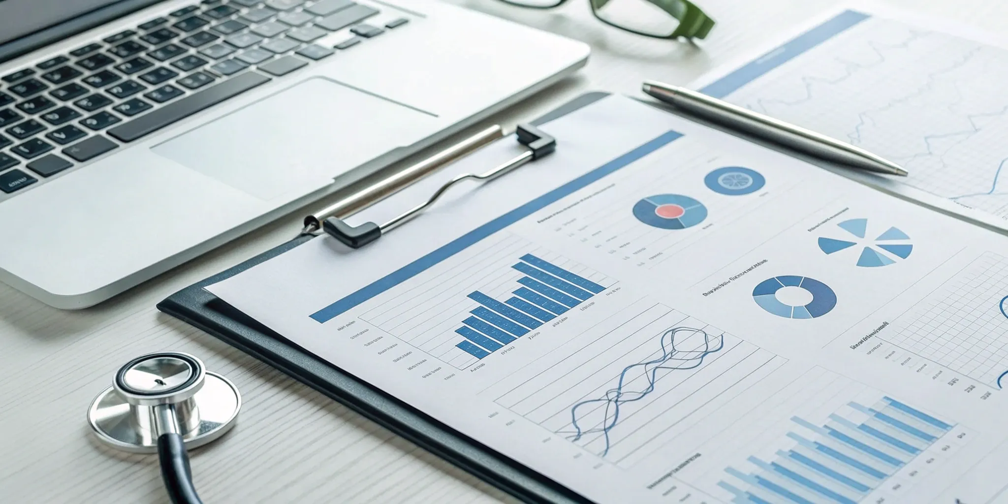 A stethoscope on a desk with a laptop and charts about what Medicare covers for COPD.