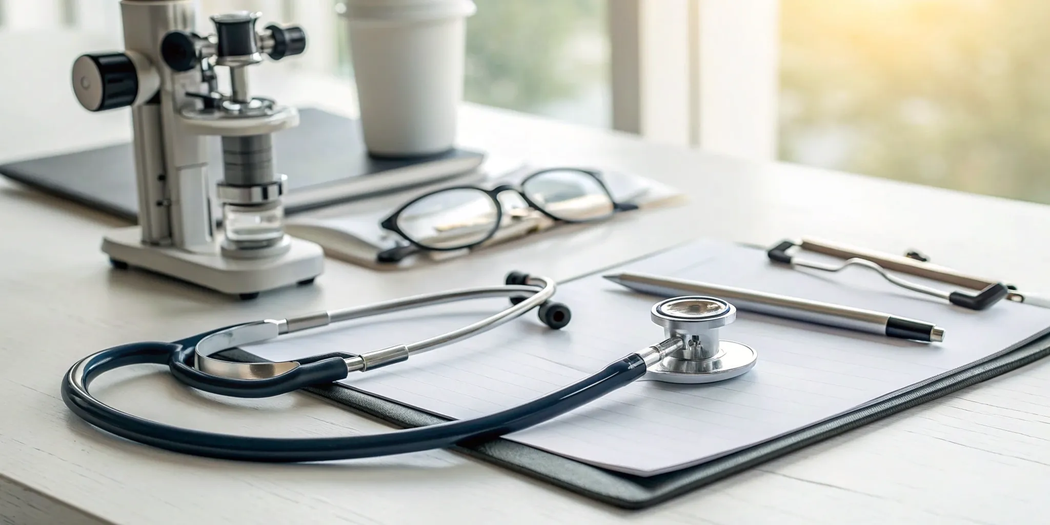 Planning for cataract surgery with Medicare paperwork and a stethoscope on a desk.