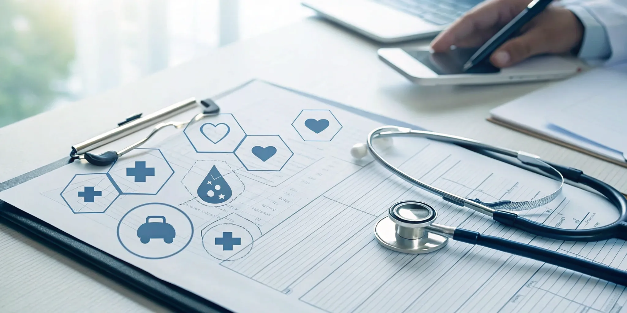 Doctor with clipboard and stethoscope reviewing cochlear implant Medicare benefits.