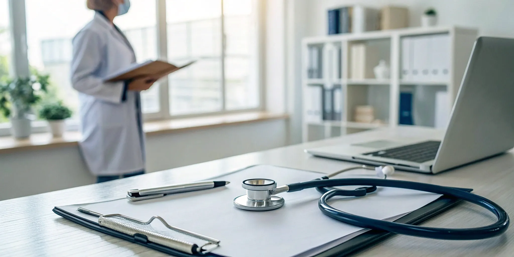 Doctor's desk with a clipboard and stethoscope for a Medicare depression screening.