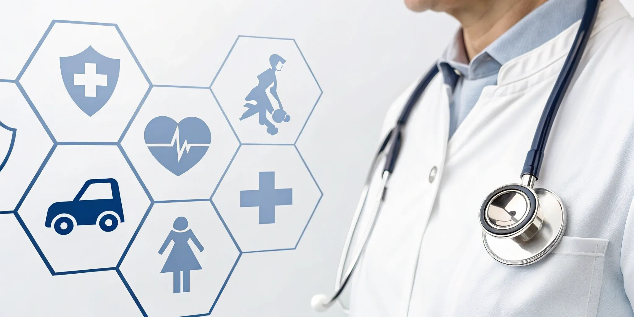 Doctor with stethoscope and healthcare icons representing Medicare Advantage benefits.