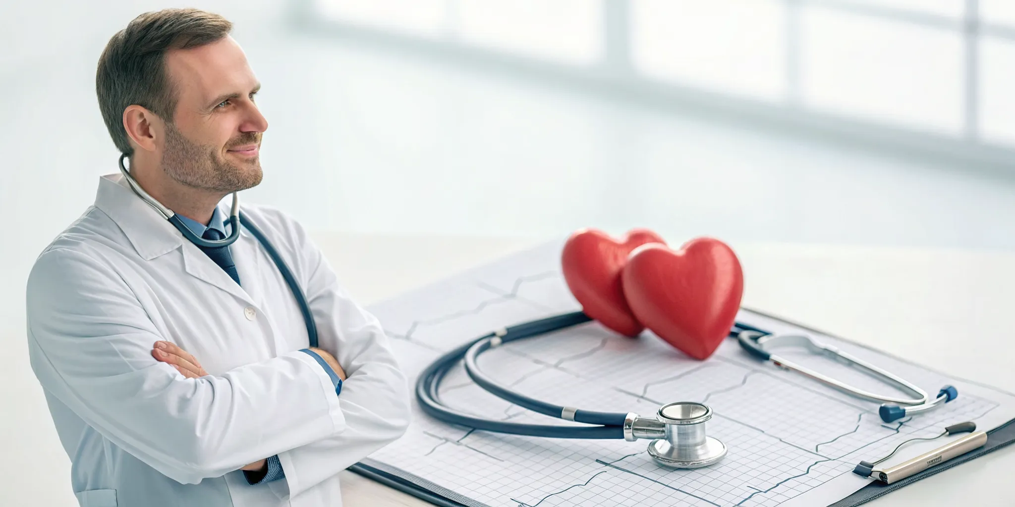A doctor explains cardiac dysrhythmia using a heart model and an ECG chart.