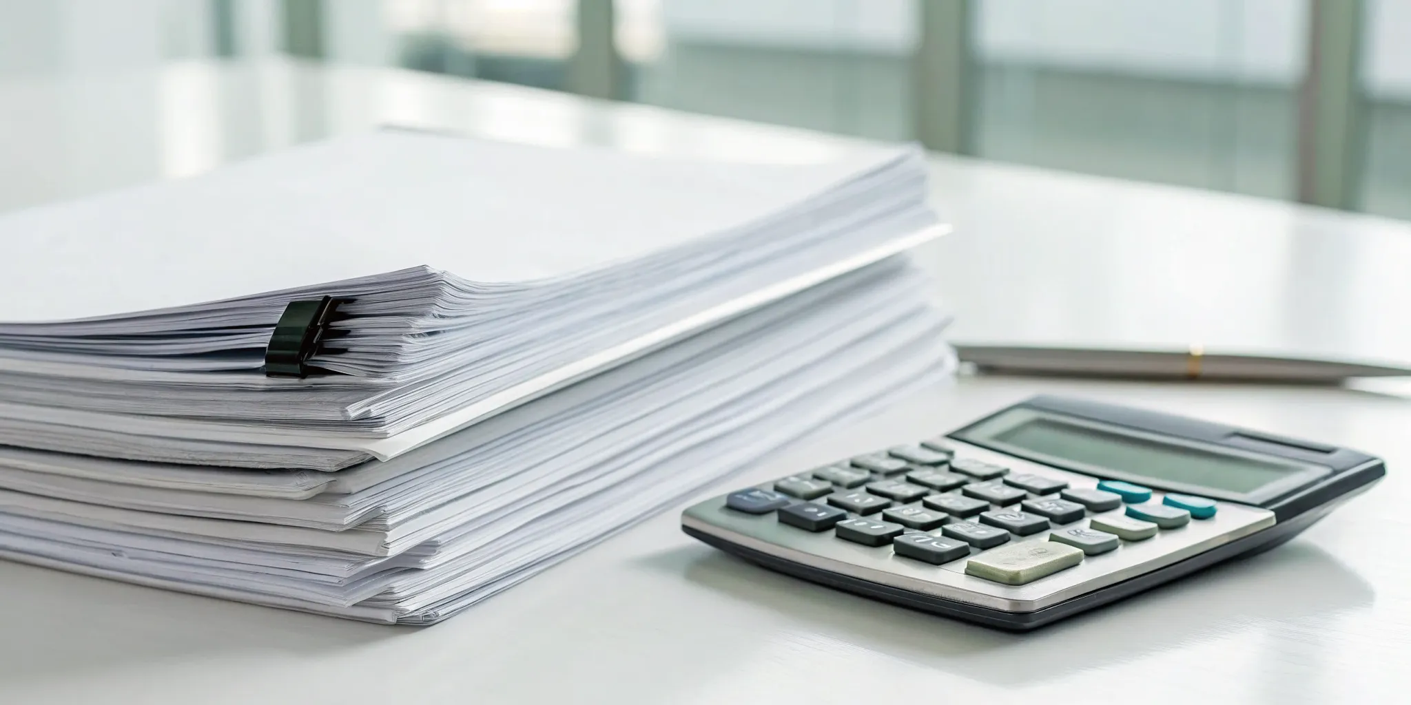 Documents and a calculator on a desk for fighting an insurance claim denial.