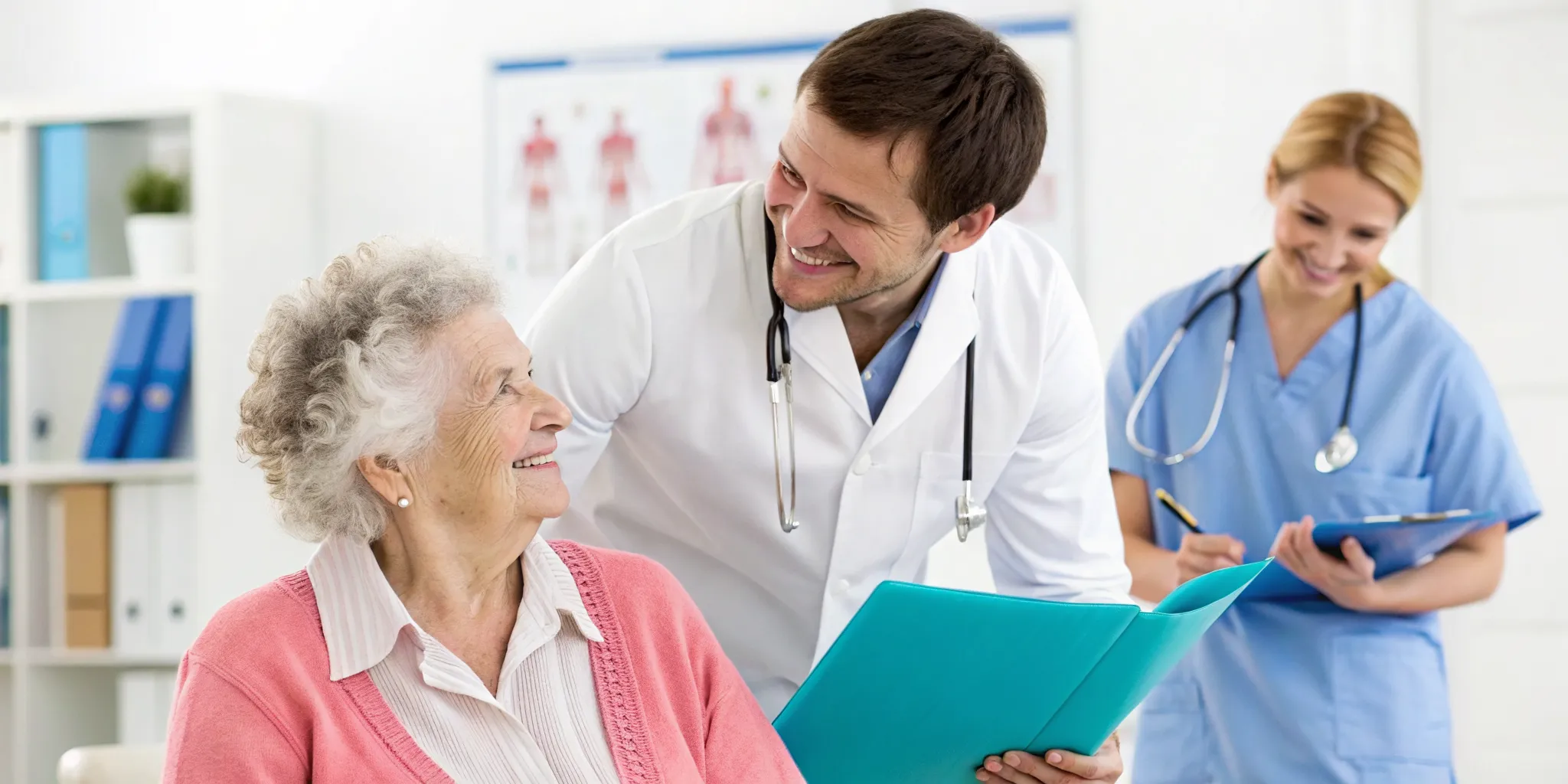 A doctor and nurse providing geriatric care to a smiling older patient.