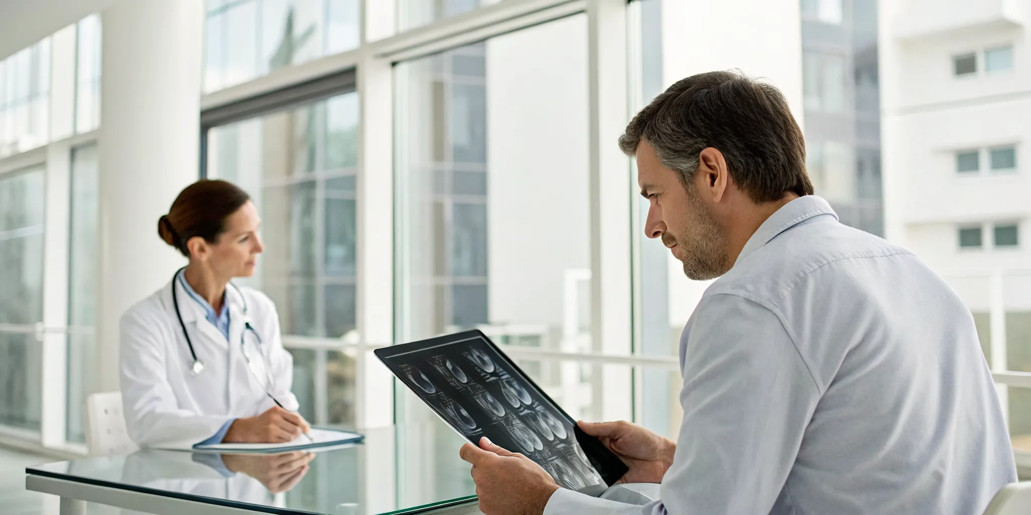Doctors discussing a patient's scans to get a second medical opinion.