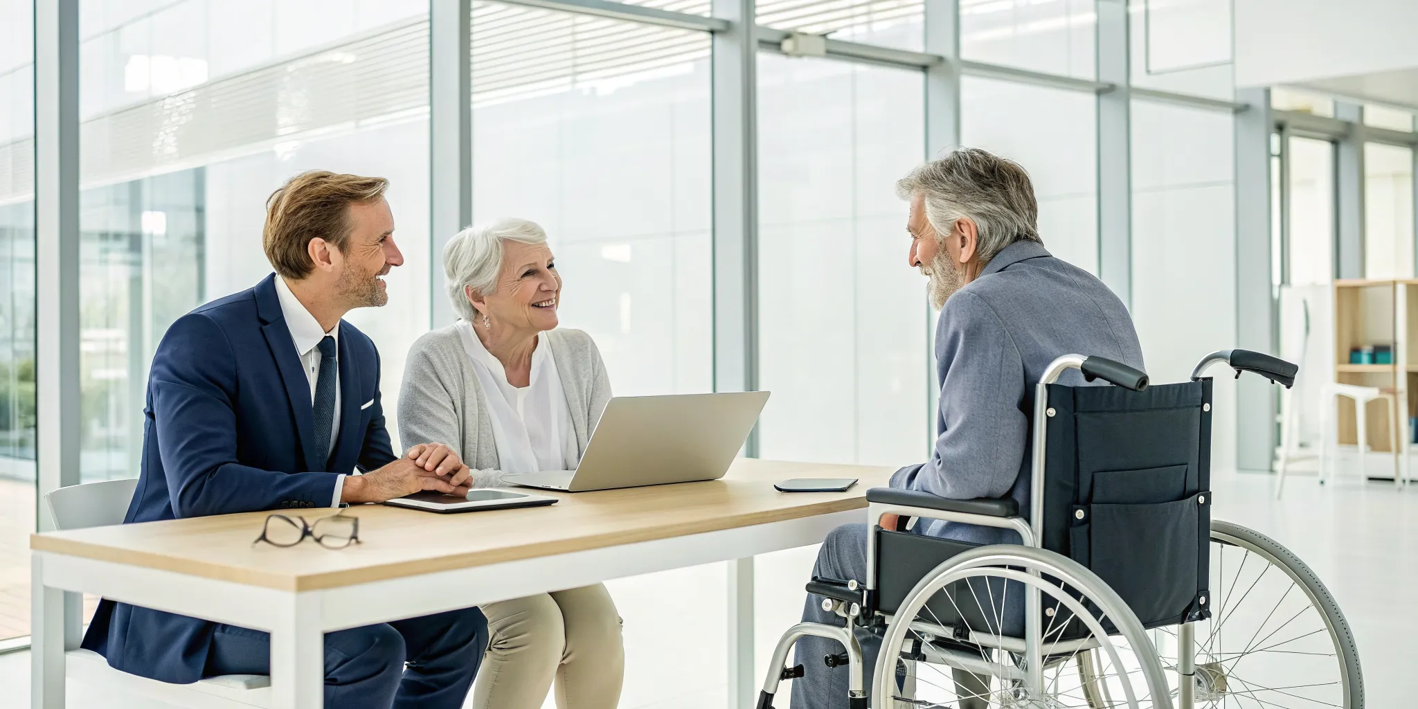 Senior couple discussing Medicare DME coverage with an advisor, with the man using a wheelchair.
