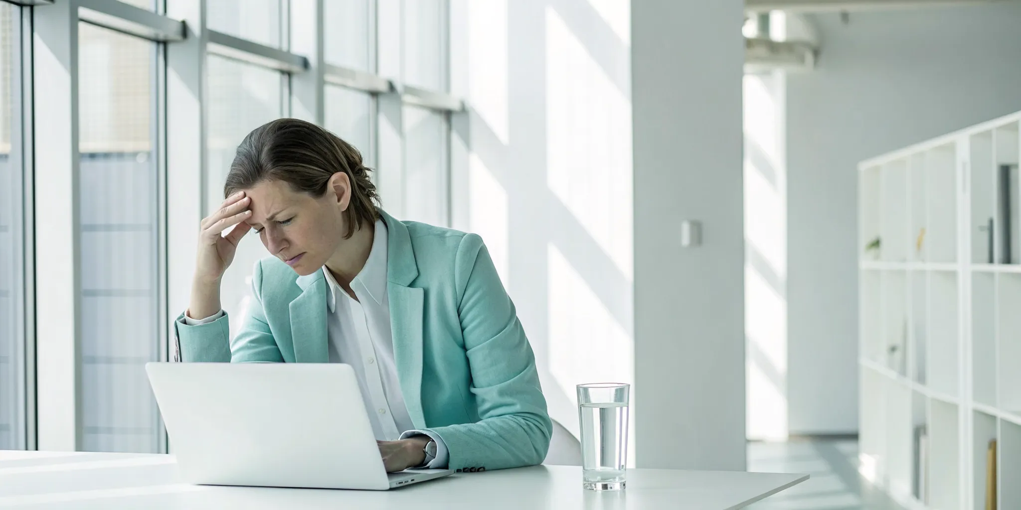 Woman feeling fatigued and dizzy while working, with her hand on her forehead.