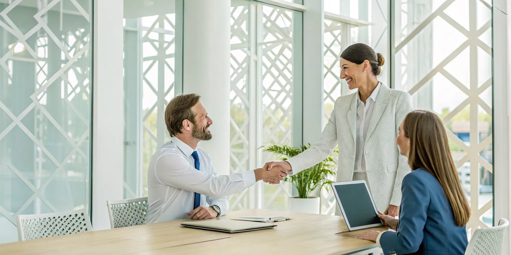 Shaking hands to finalize the decision to hire a care coordinator.