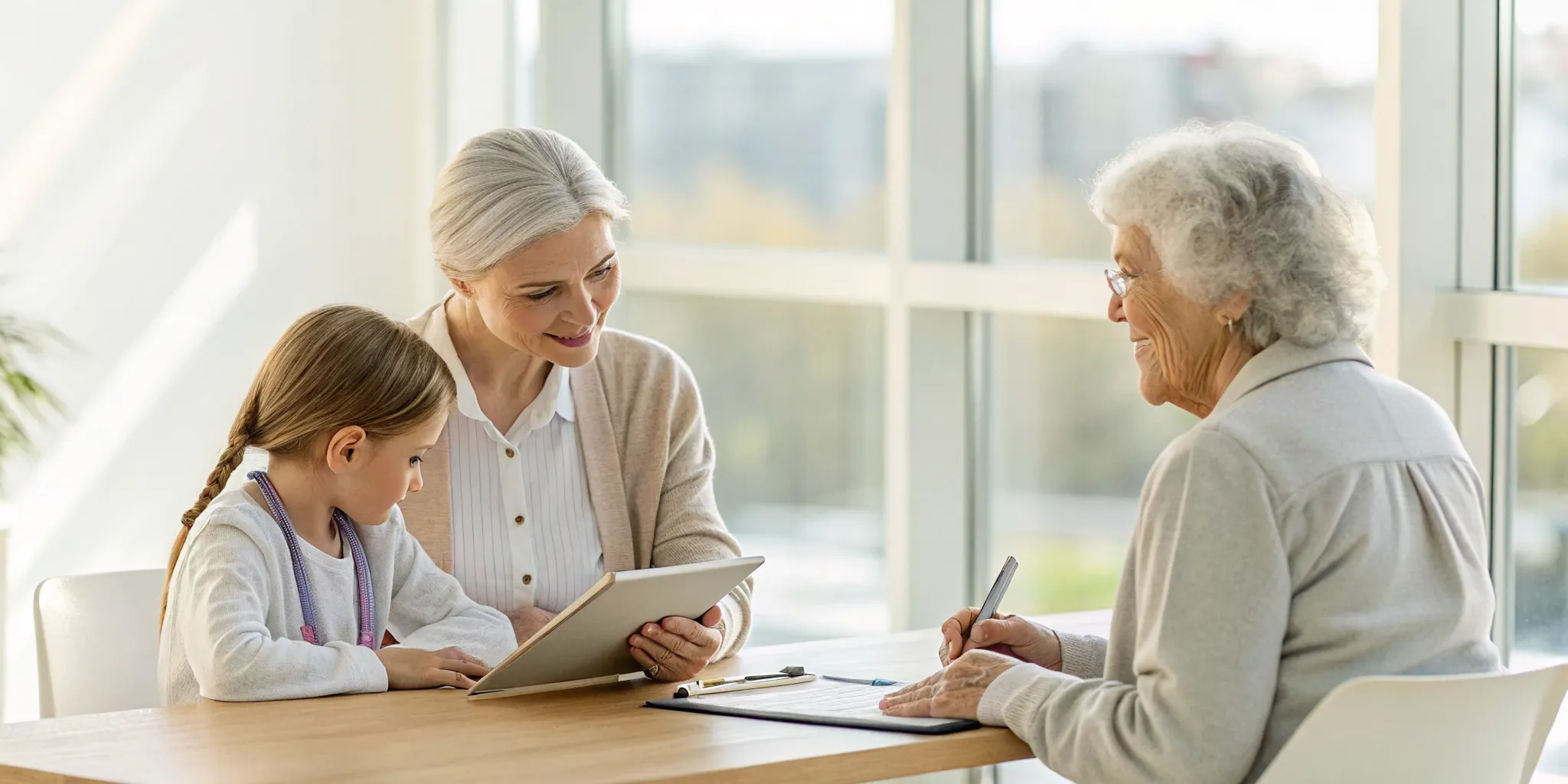 Adult children getting help with managing their parents' medical care.