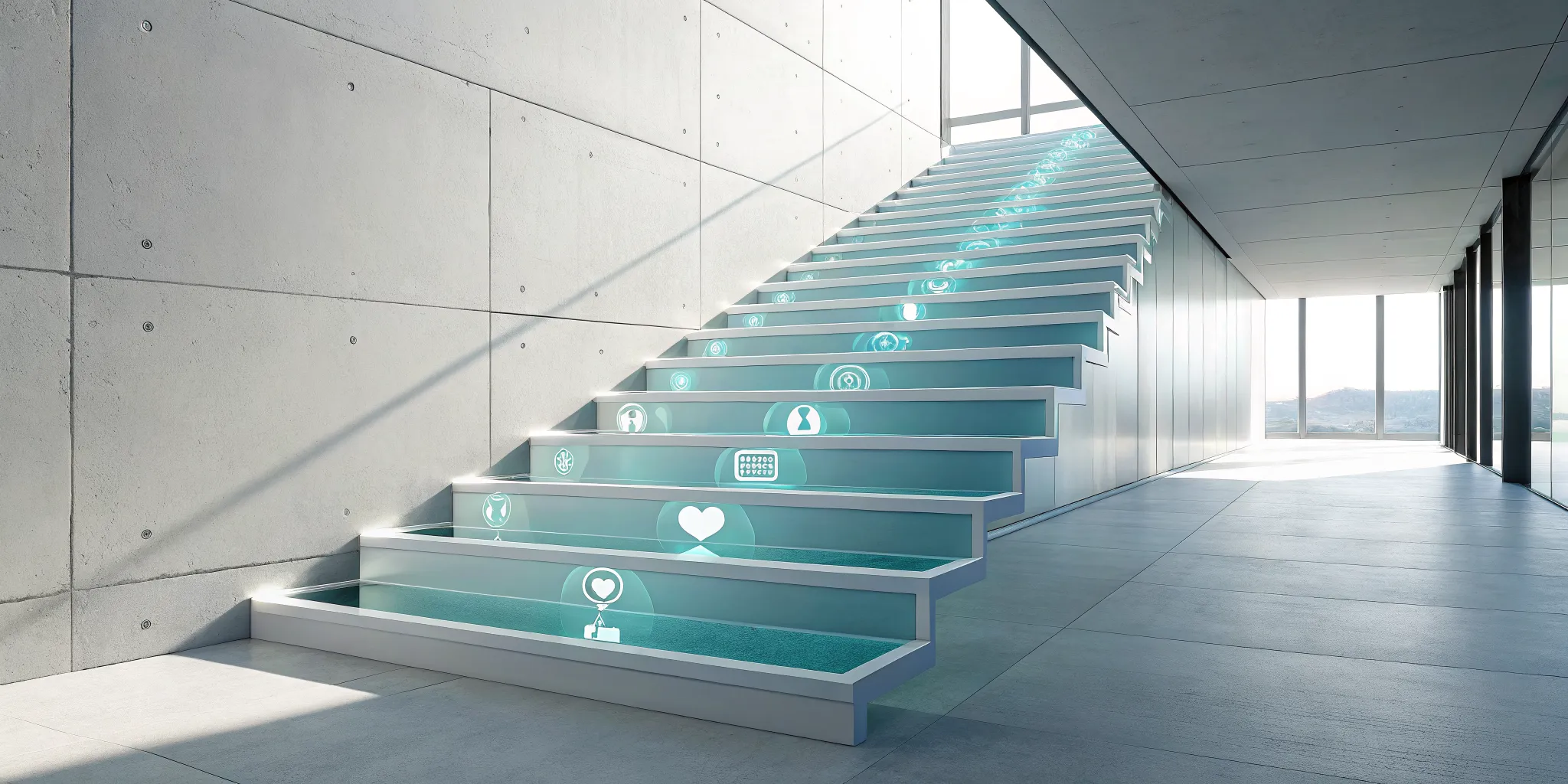 A glass staircase with glowing icons showing the steps to find support after a new diagnosis.