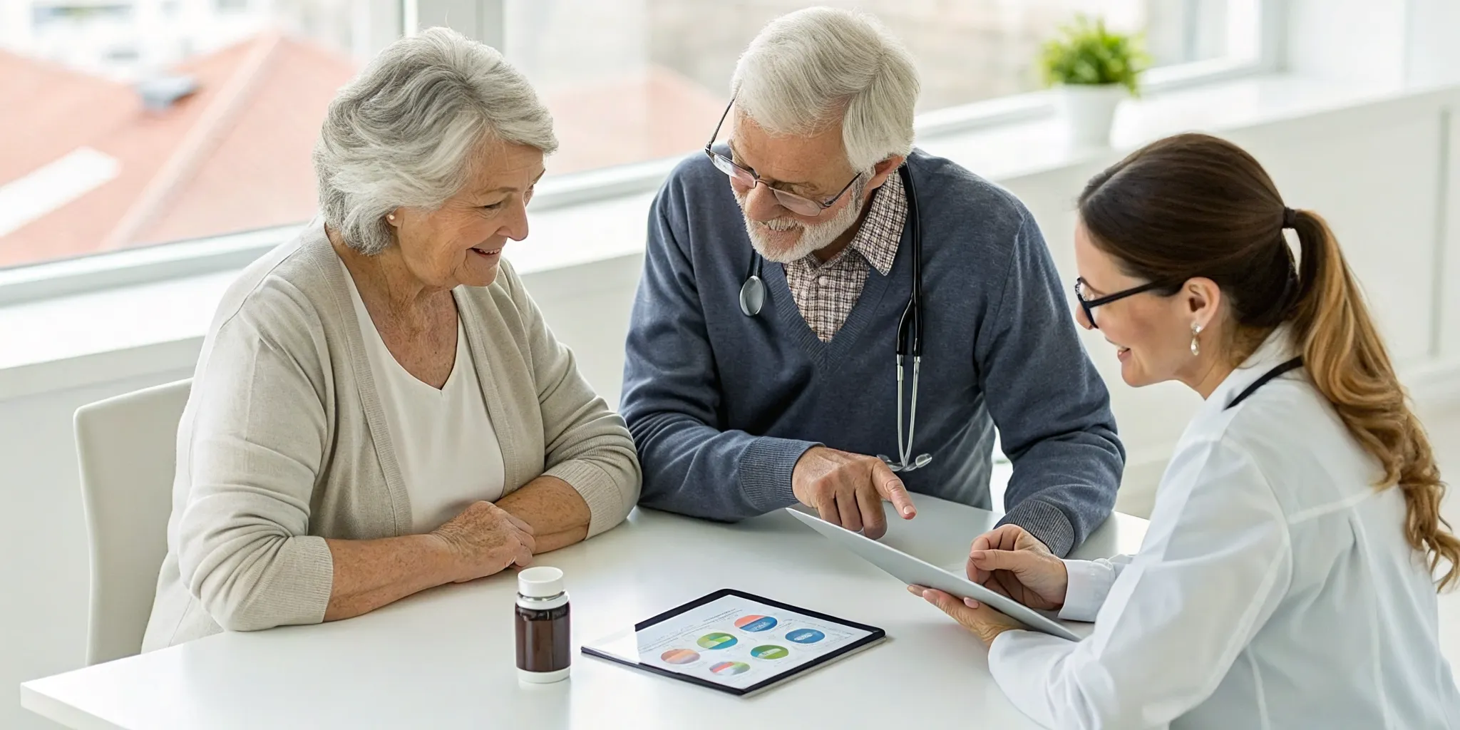 Senior couple navigating Medicare Advantage plans with a healthcare professional.