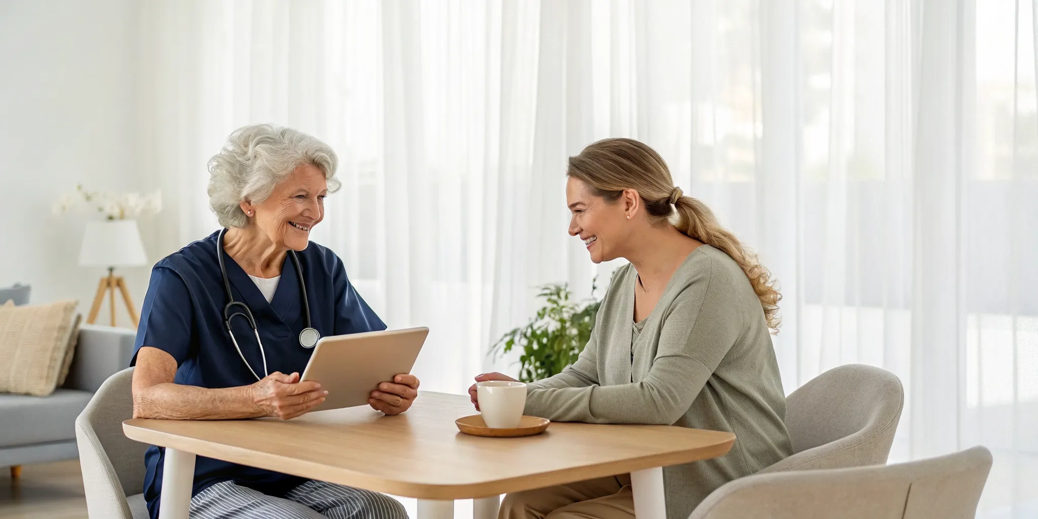 A nurse hired for elderly care speaks with an older woman in her home.